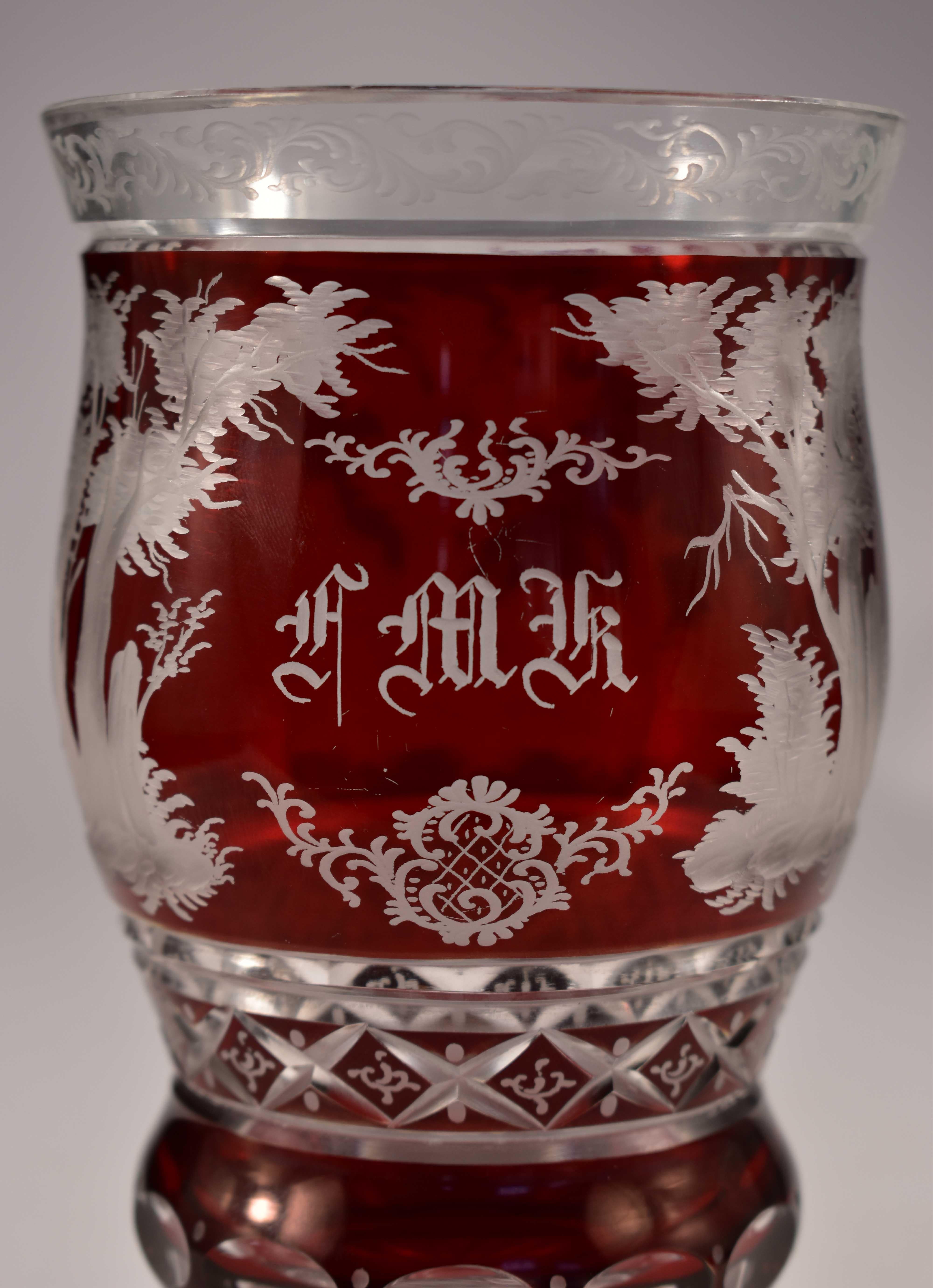 20th Century Engraved Goblet, Ruby Lazure, Bohemian Glass