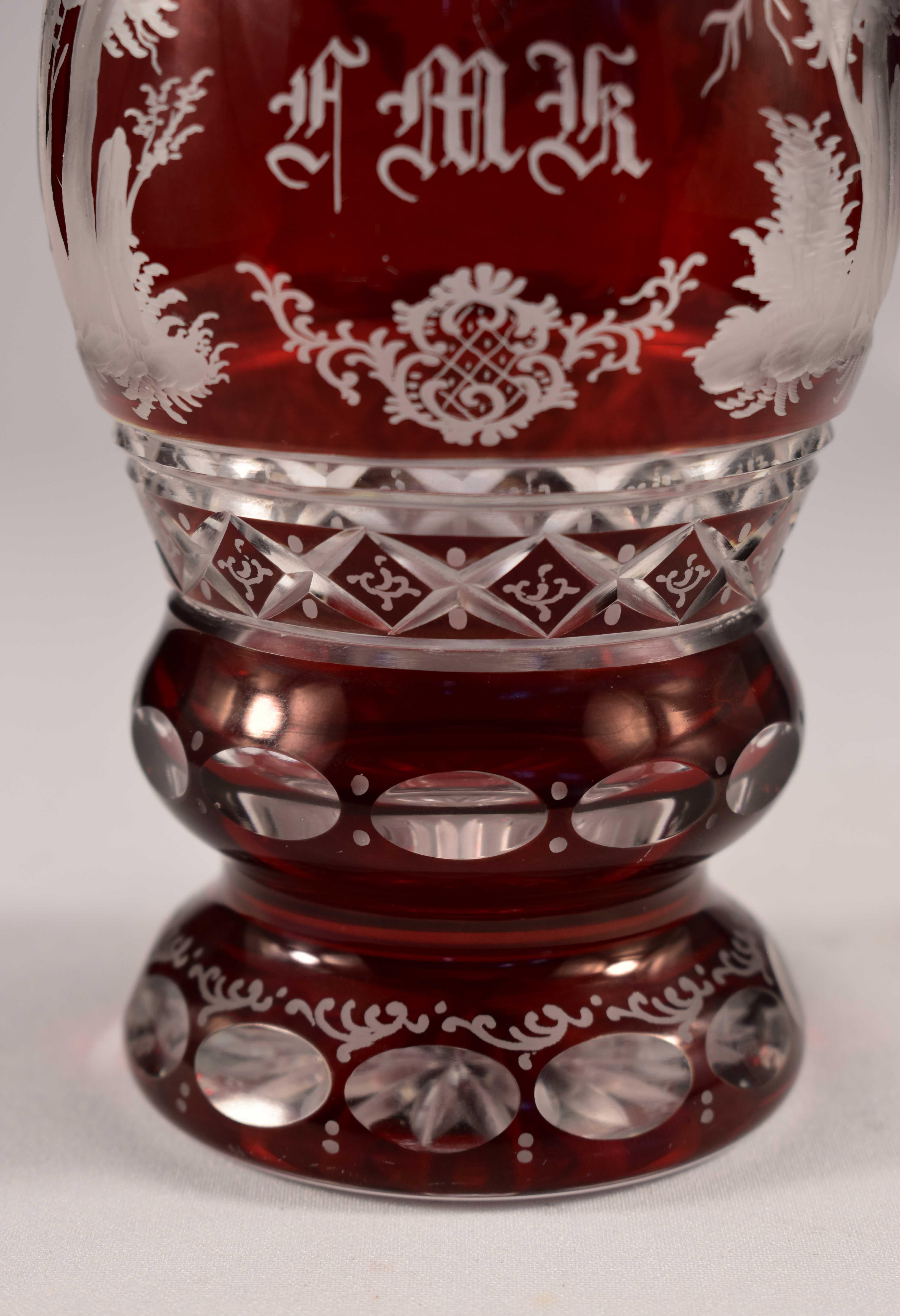 Art Glass Engraved Goblet, Ruby Lazure, Bohemian Glass