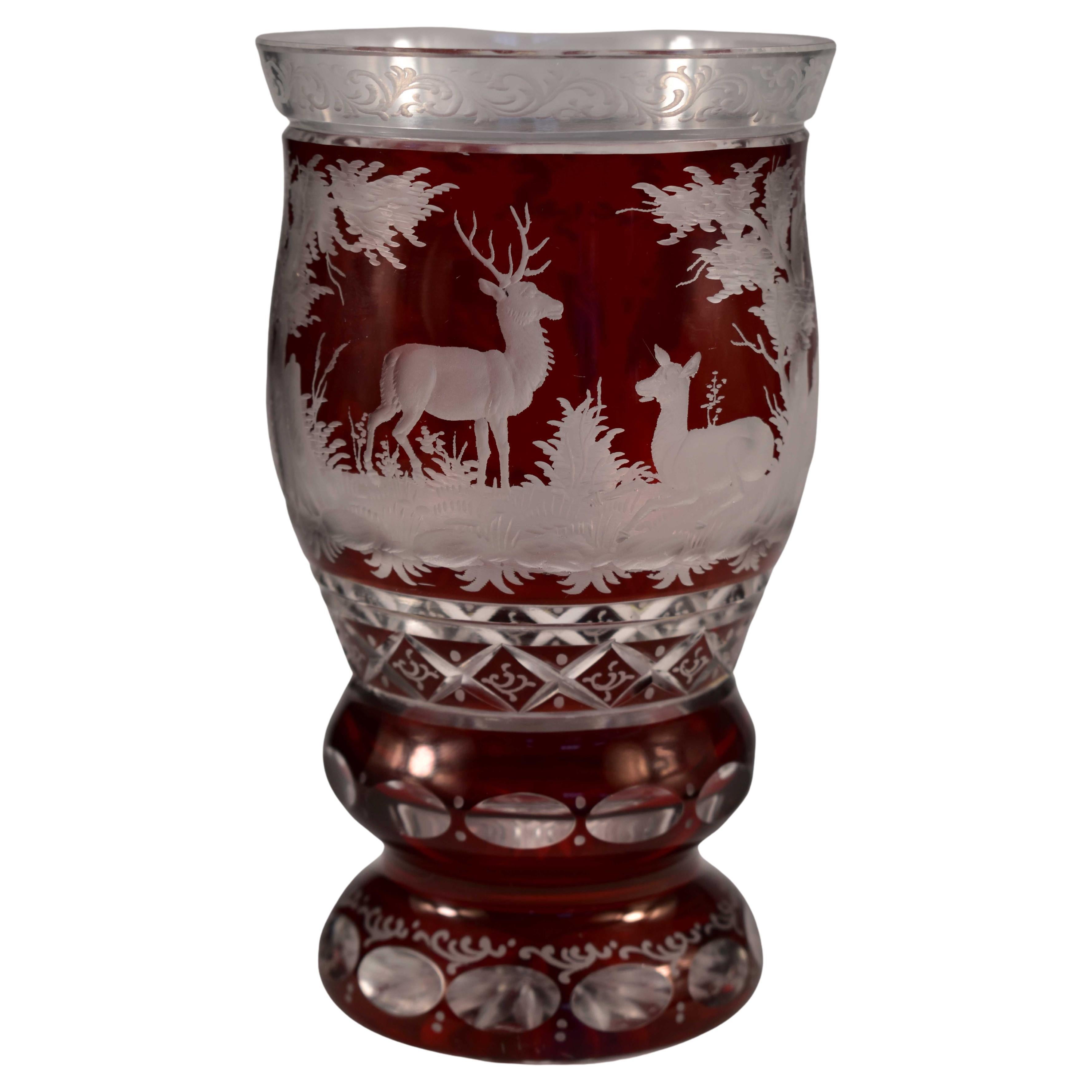 Engraved Goblet, Ruby Lazure, Bohemian Glass