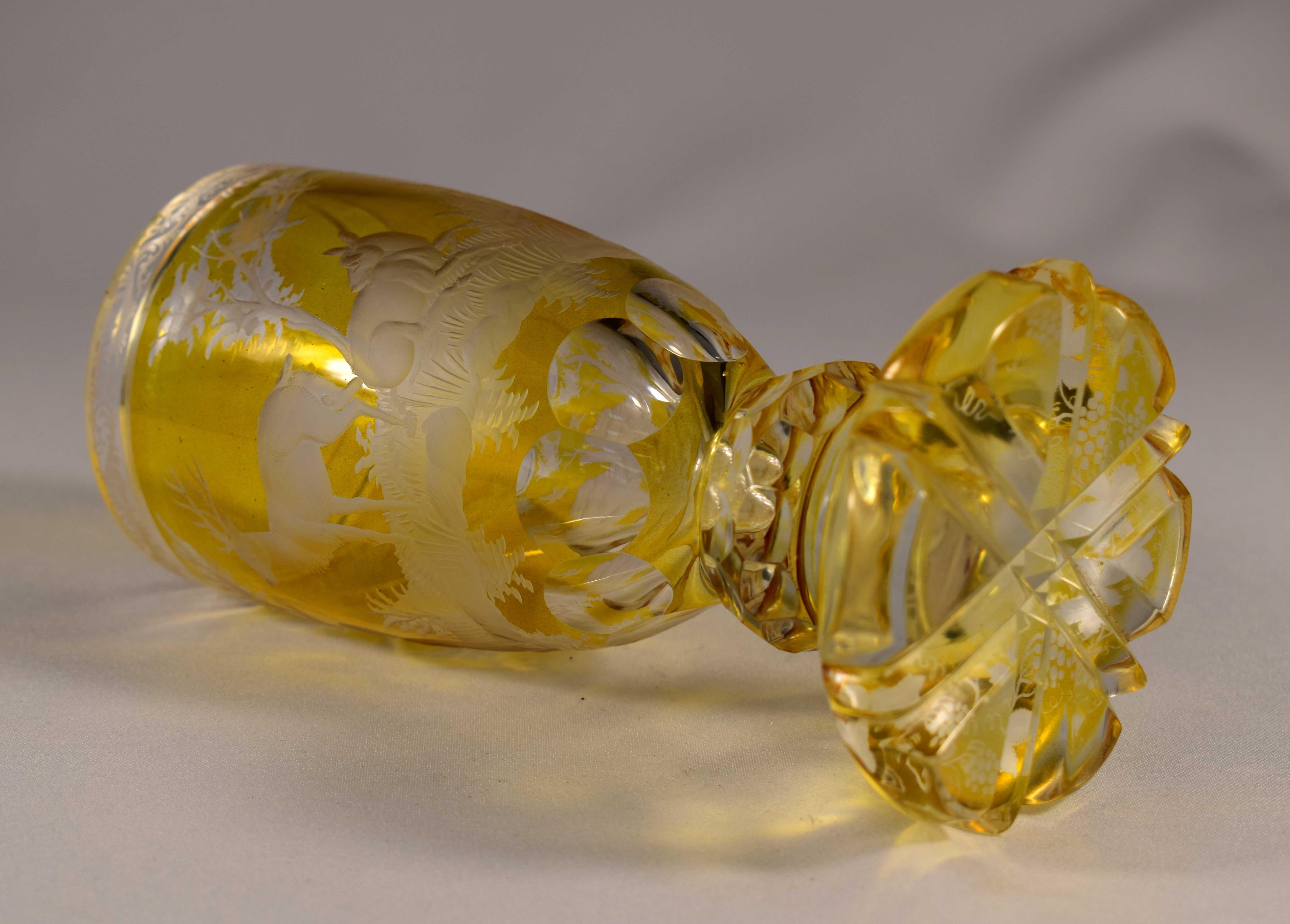 Engraved Goblet, Yellow Lazure, Bohemian Glass 20th Century 5