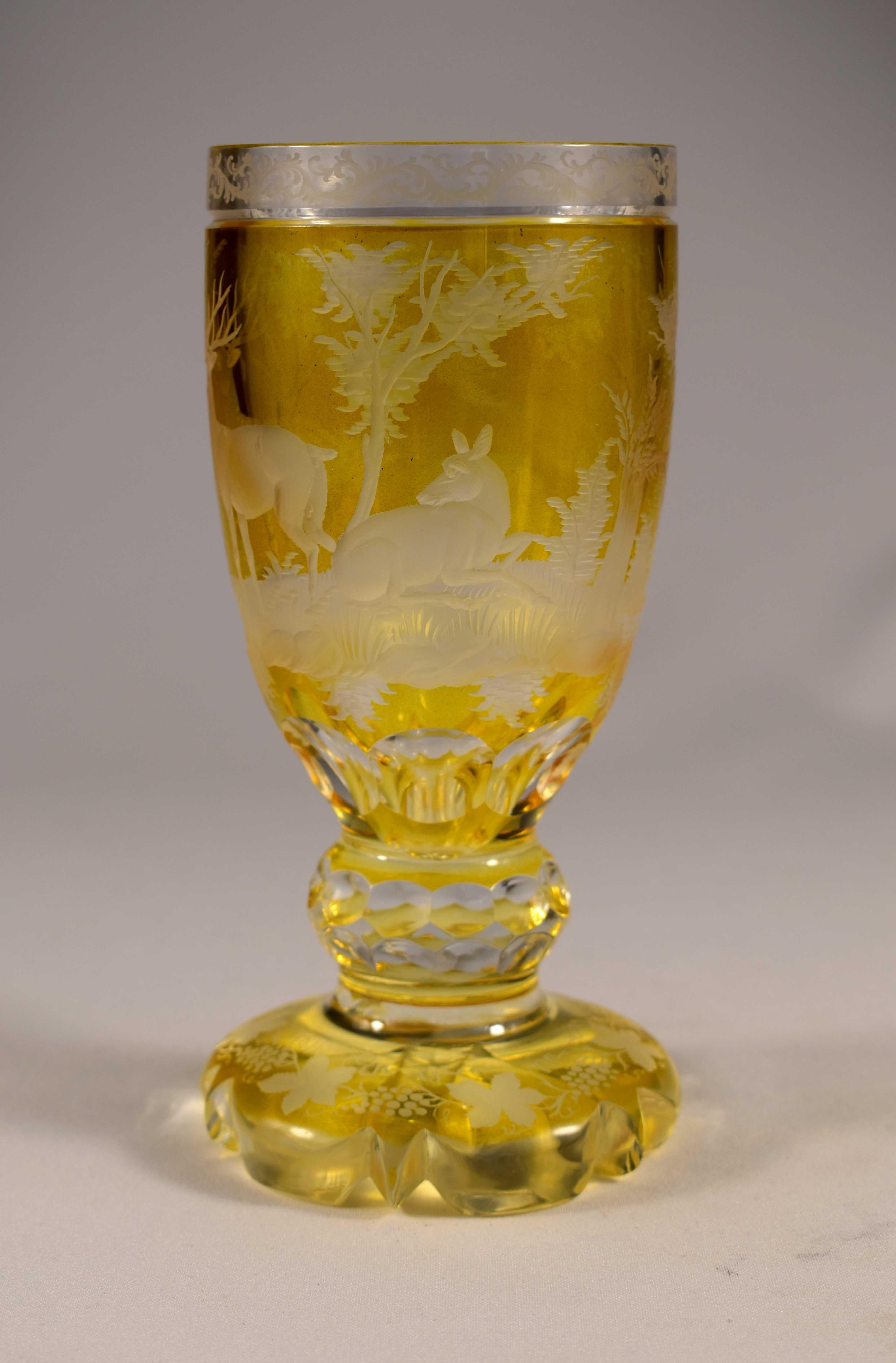 Czech Engraved Goblet, Yellow Lazure, Bohemian Glass 20th Century
