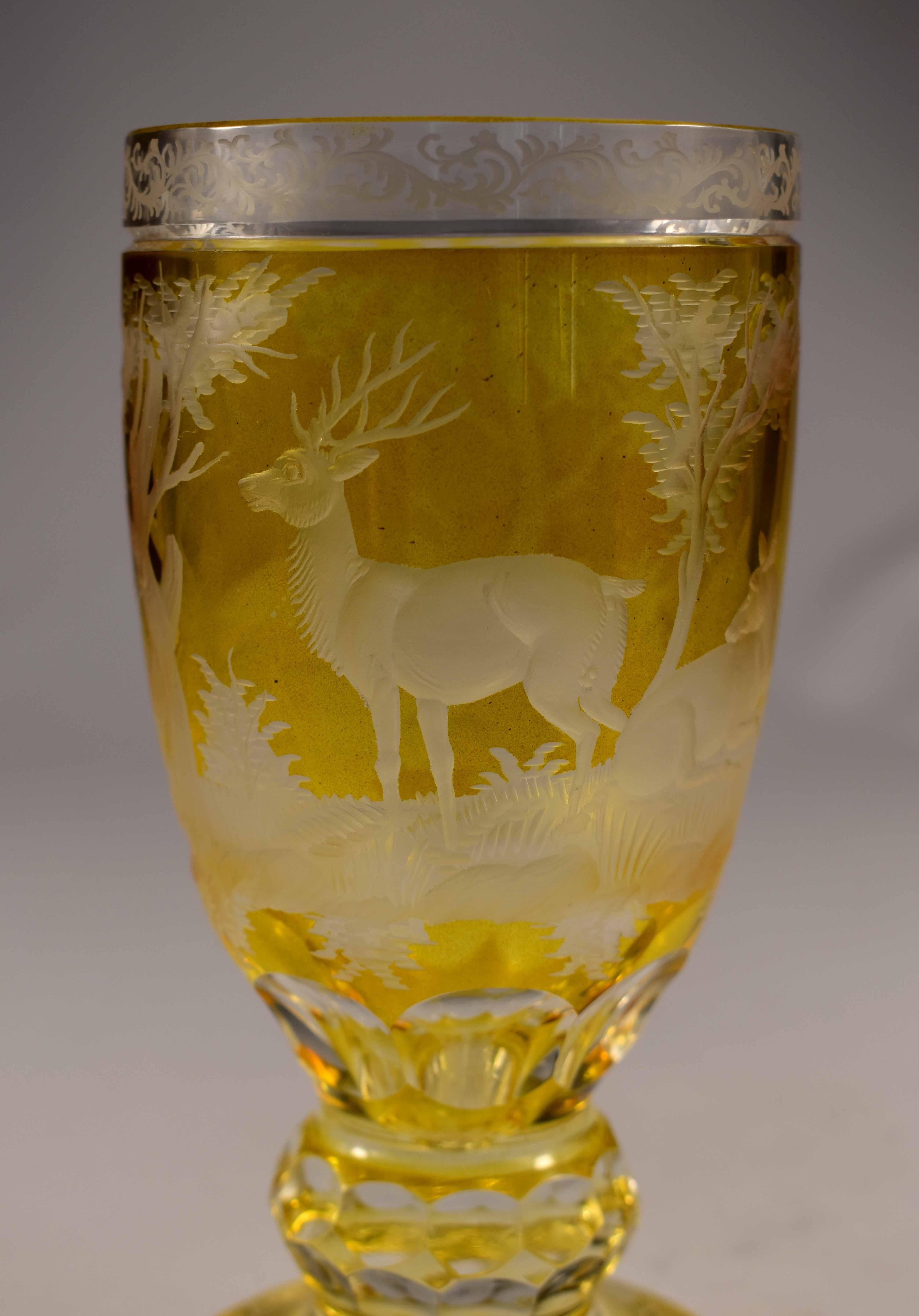 Engraved Goblet, Yellow Lazure, Bohemian Glass 20th Century In Good Condition In Nový Bor, CZ