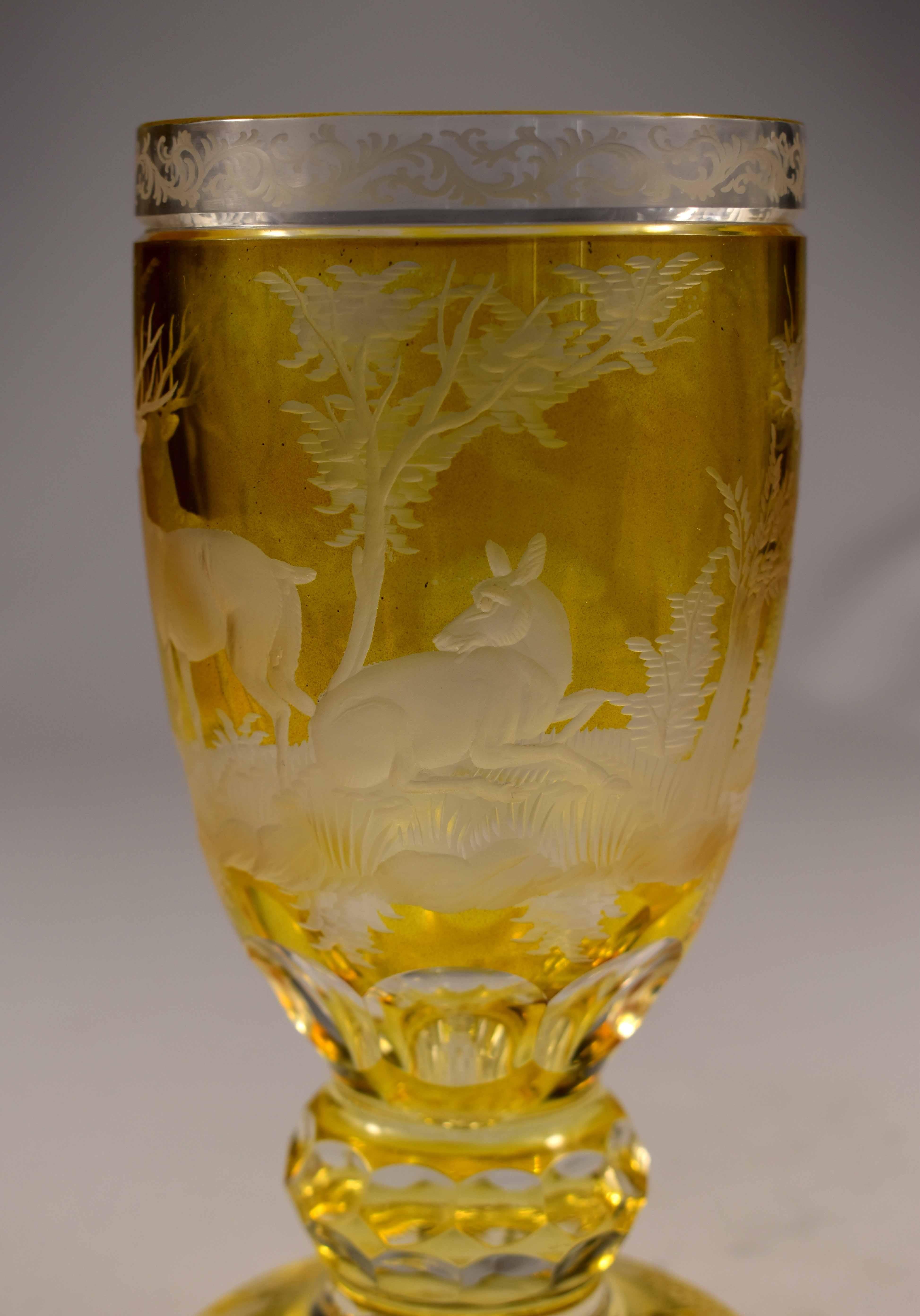 Art Glass Engraved Goblet, Yellow Lazure, Bohemian Glass 20th Century