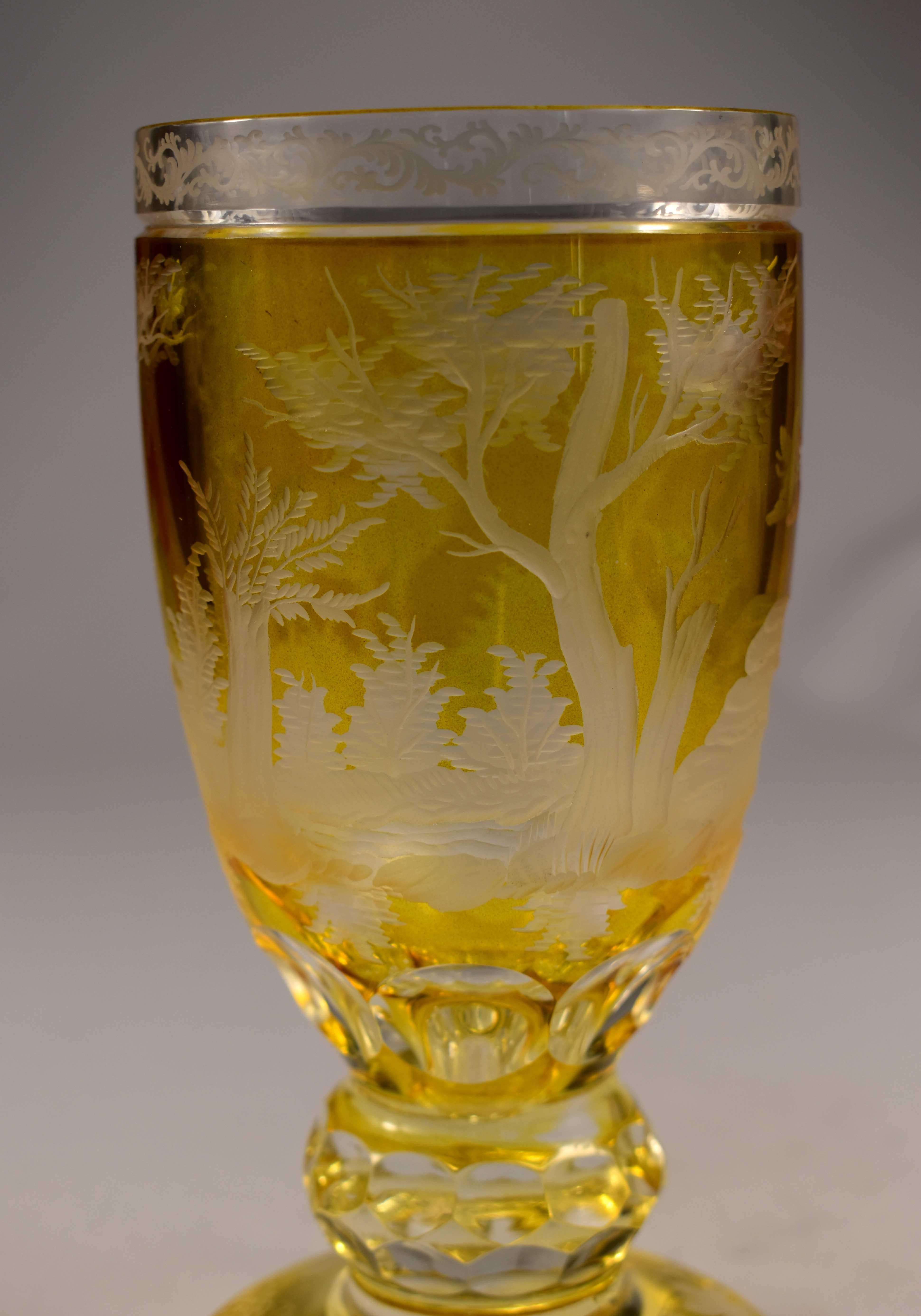 Engraved Goblet, Yellow Lazure, Bohemian Glass 20th Century 1