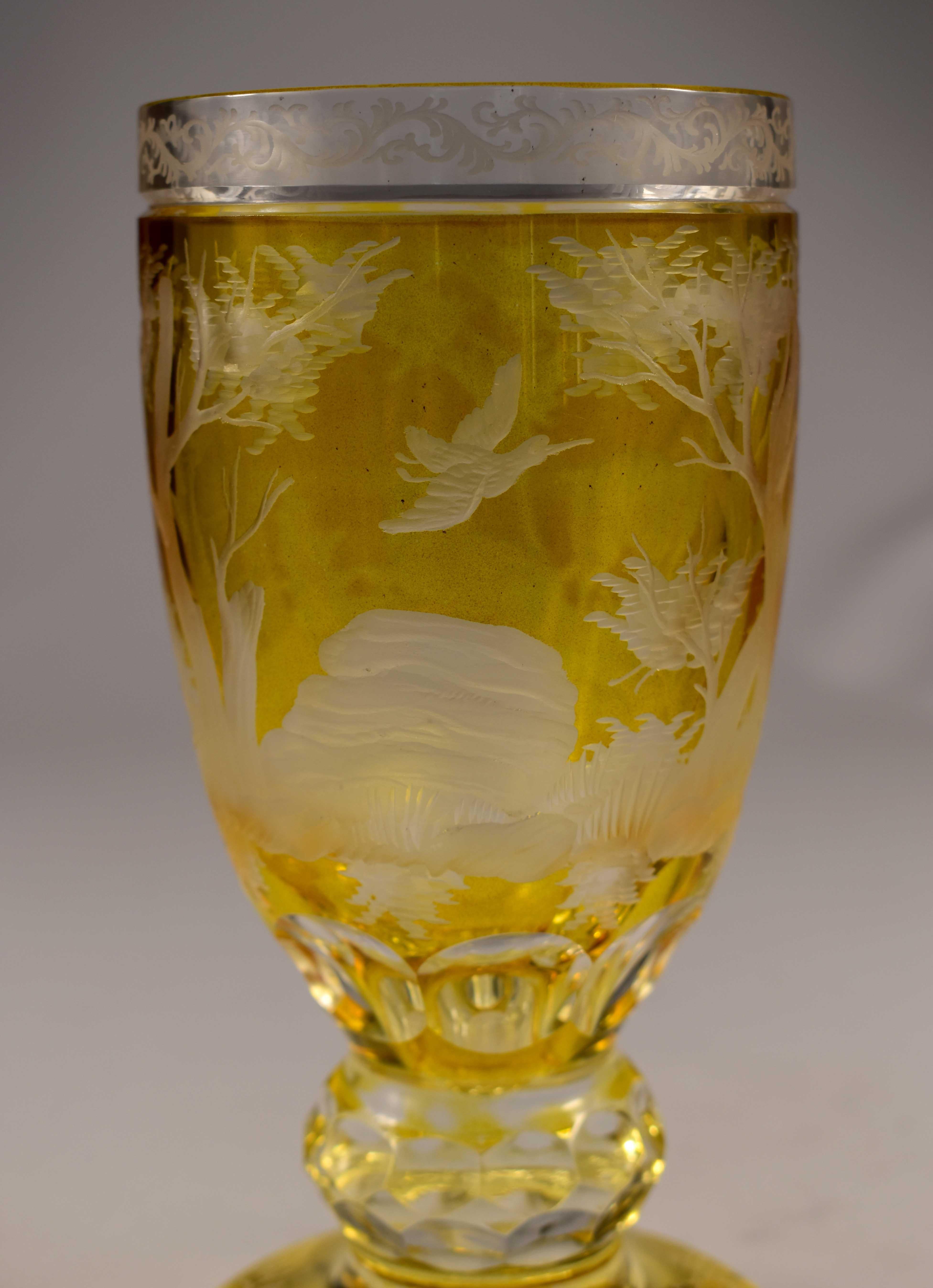Engraved Goblet, Yellow Lazure, Bohemian Glass 20th Century 2