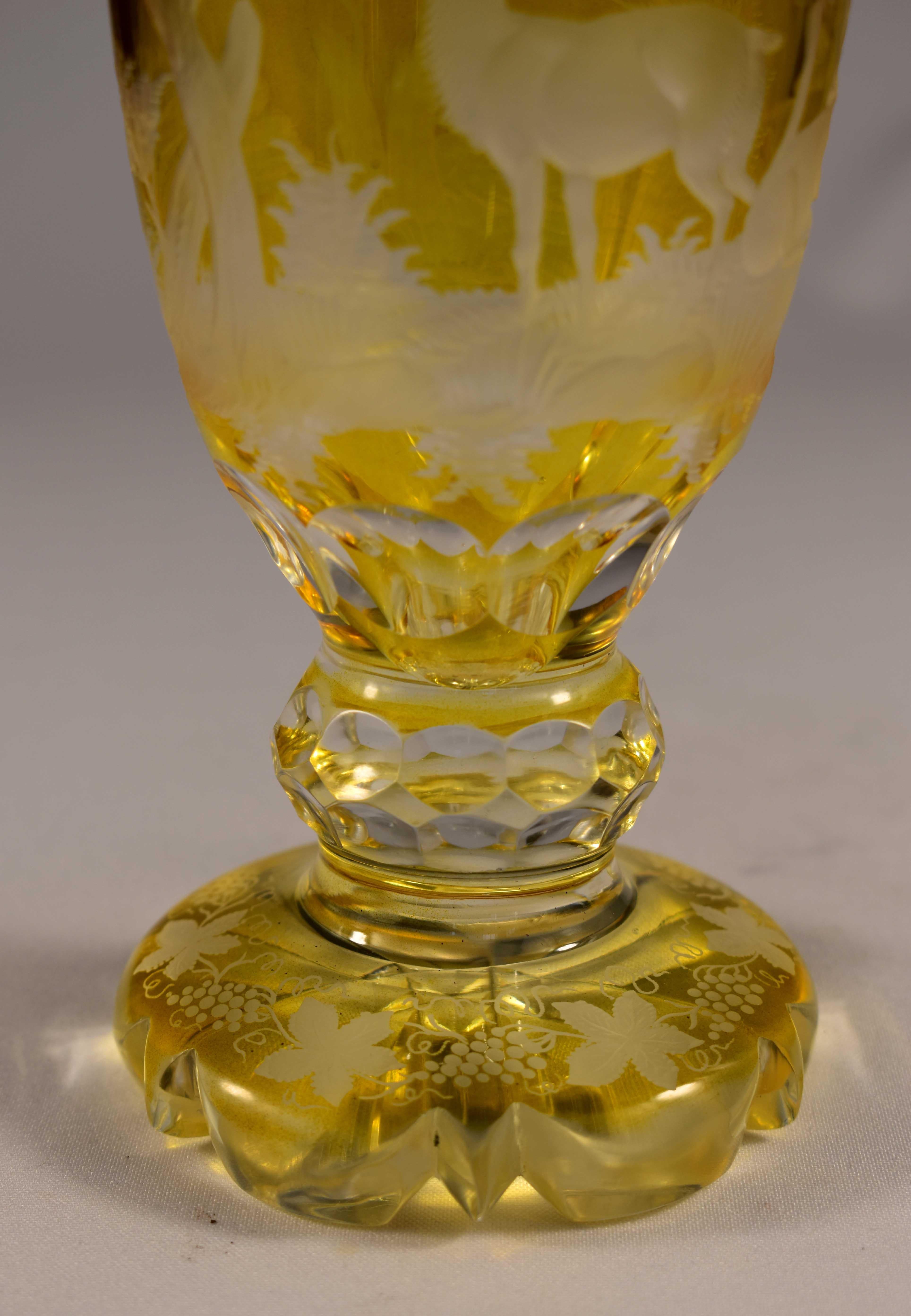 Engraved Goblet, Yellow Lazure, Bohemian Glass 20th Century 3