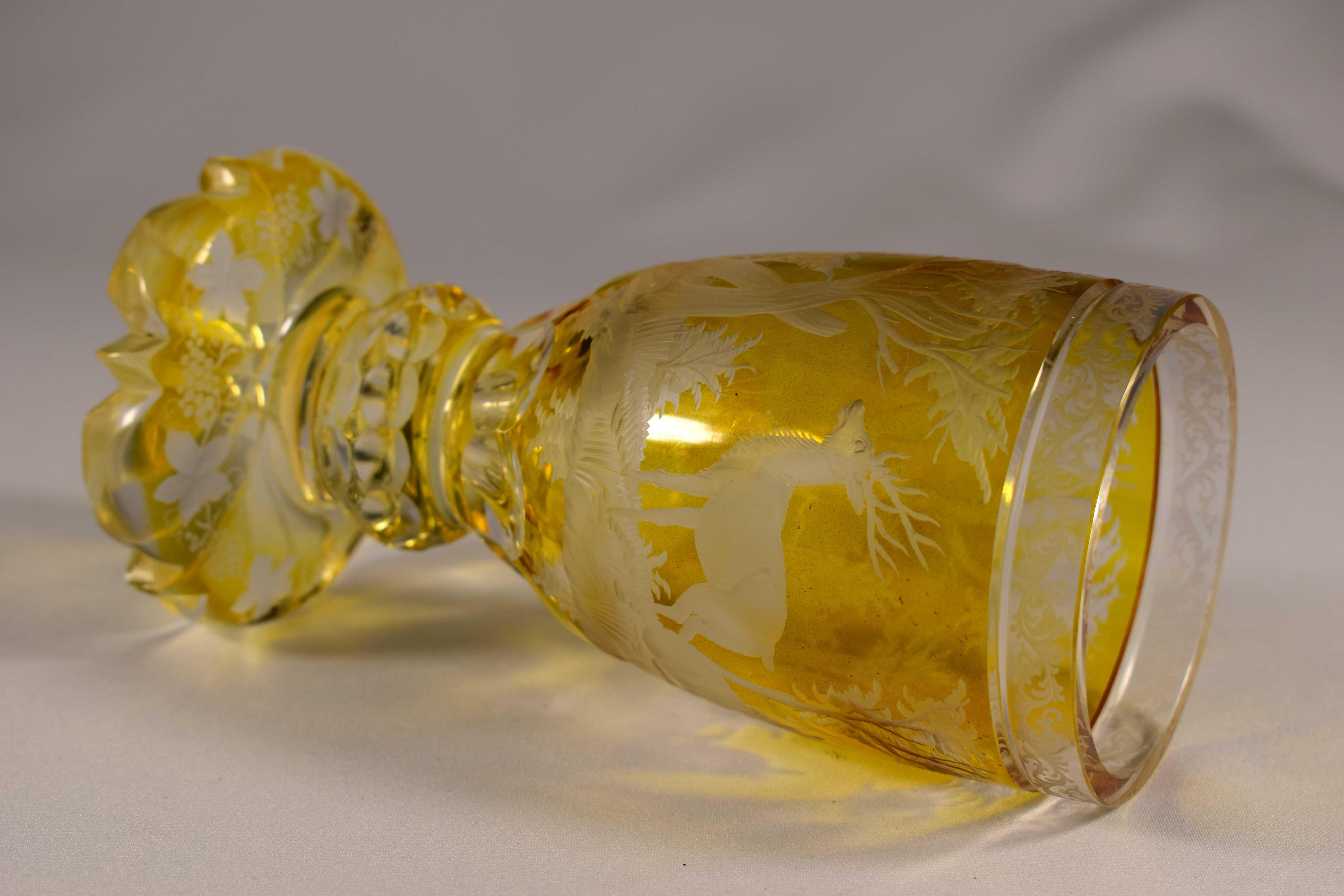 Engraved Goblet, Yellow Lazure, Bohemian Glass 20th Century 4