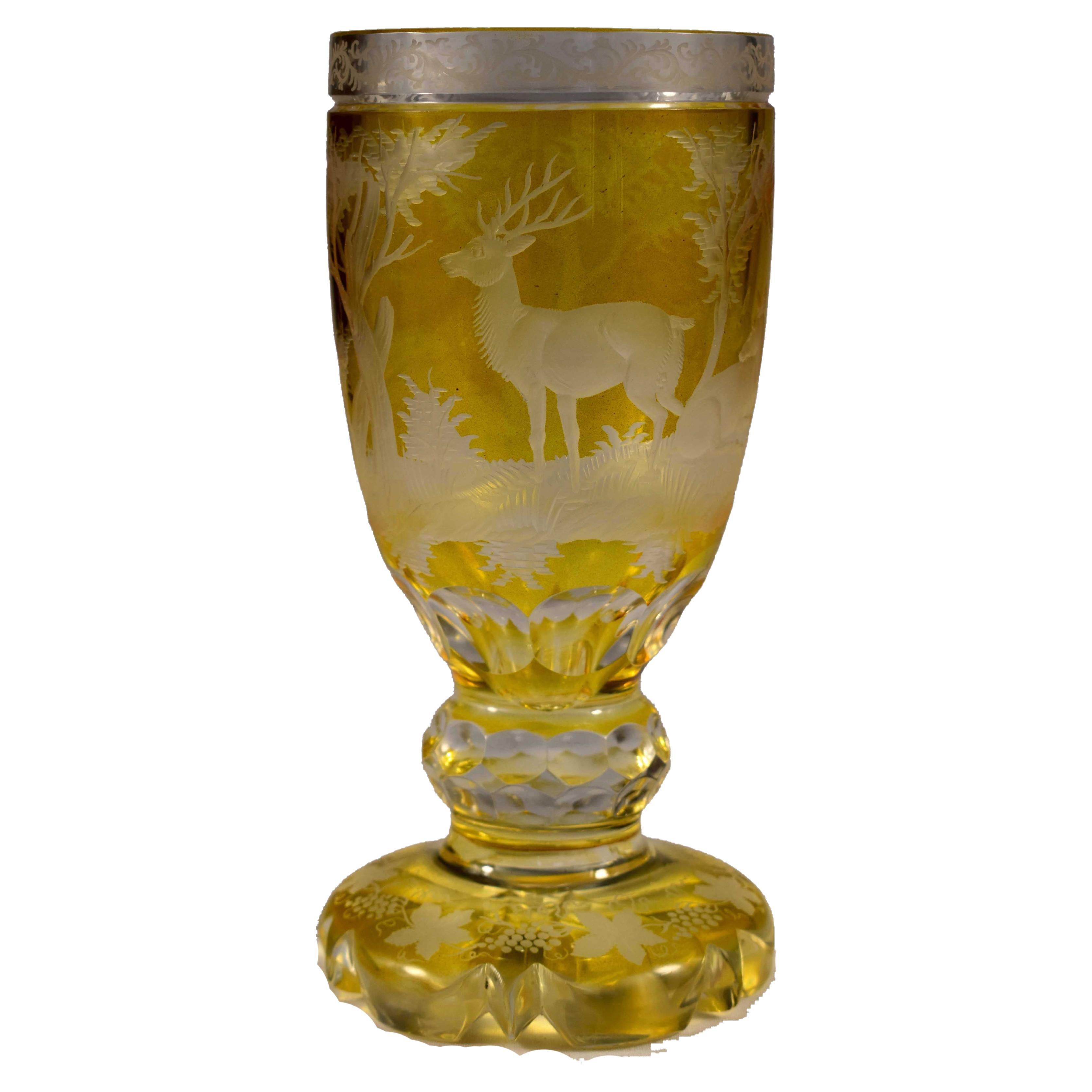 Engraved Goblet, Yellow Lazure, Bohemian Glass 20th Century