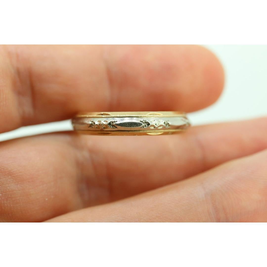 Engraved Gold band. 14k Two Tone White and Yellow wedding band. Stackable ring. In Good Condition For Sale In Port Charlotte, FL