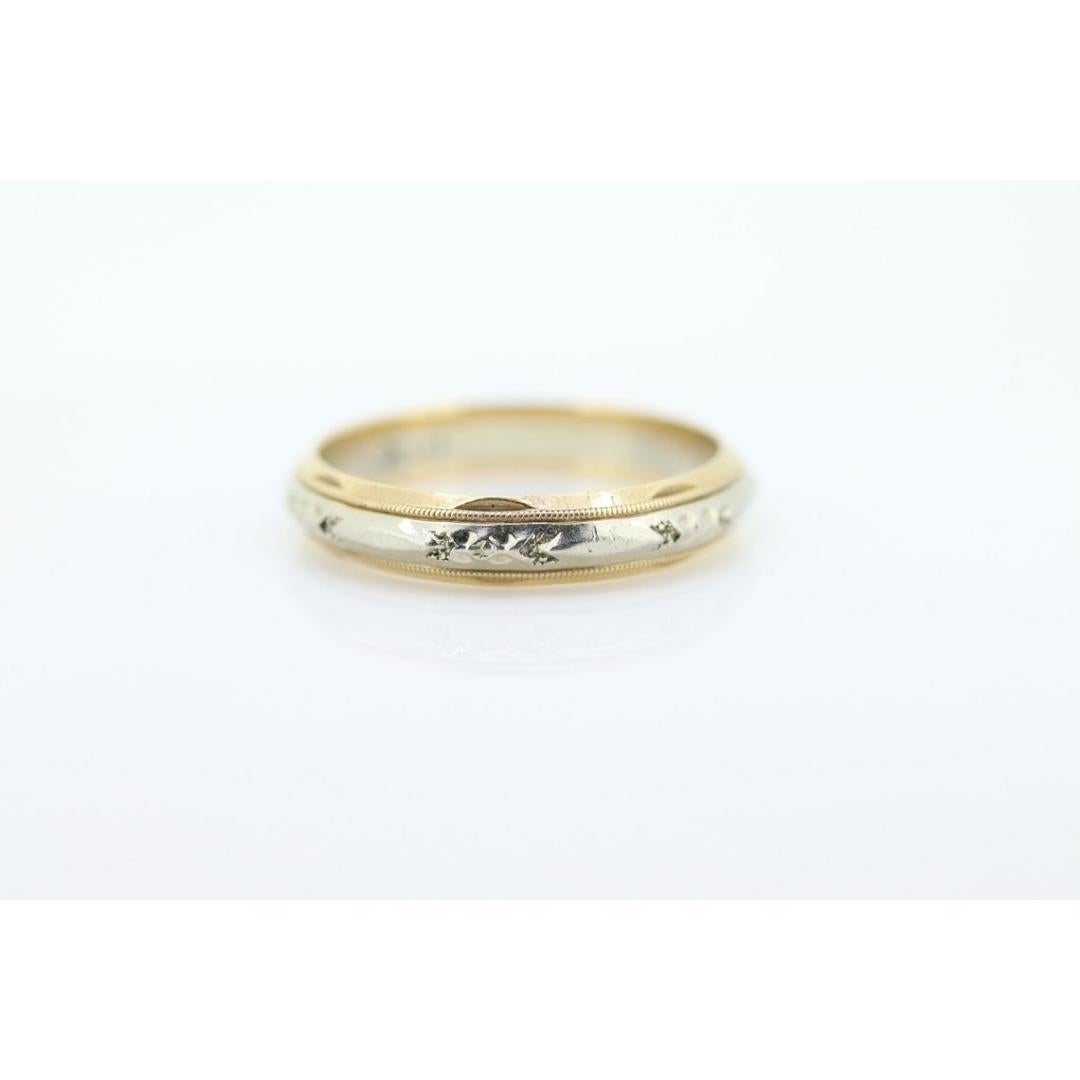 Women's or Men's Engraved Gold band. 14k Two Tone White and Yellow wedding band. Stackable ring. For Sale