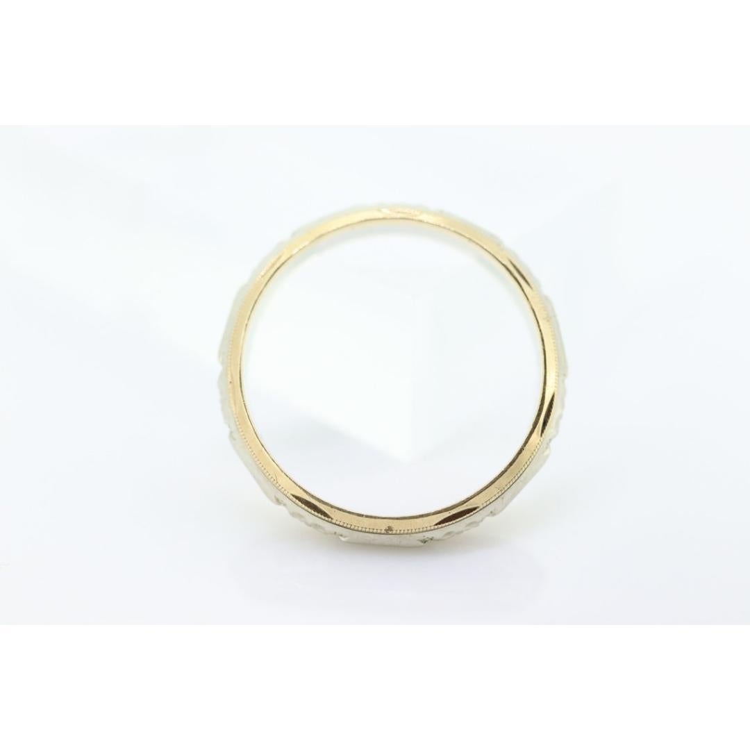 Engraved Gold band. 14k Two Tone White and Yellow wedding band. Stackable ring. For Sale 1