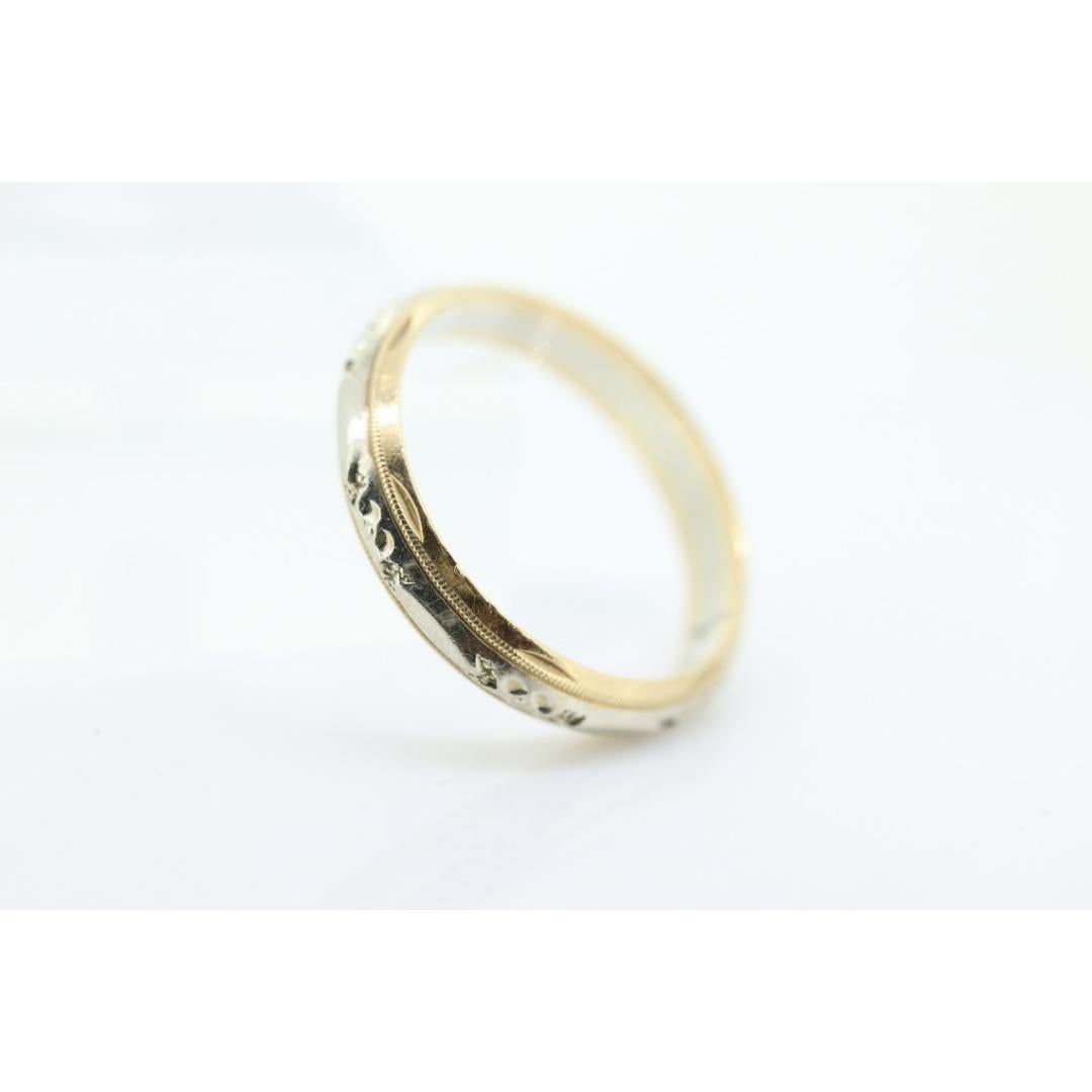 Engraved Gold band. 14k Two Tone White and Yellow wedding band. Stackable ring. For Sale 2