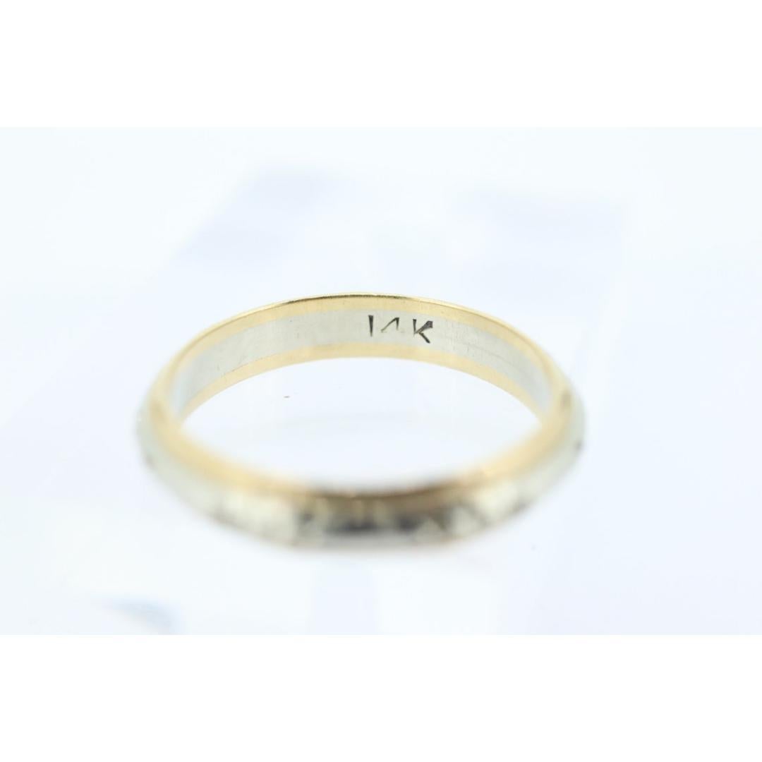Engraved Gold band. 14k Two Tone White and Yellow wedding band. Stackable ring. For Sale 3