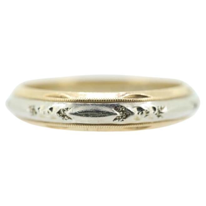 Fede d'oro incisa. Fede nuziale bicolore bianca e gialla 14k. Anello impilabile.