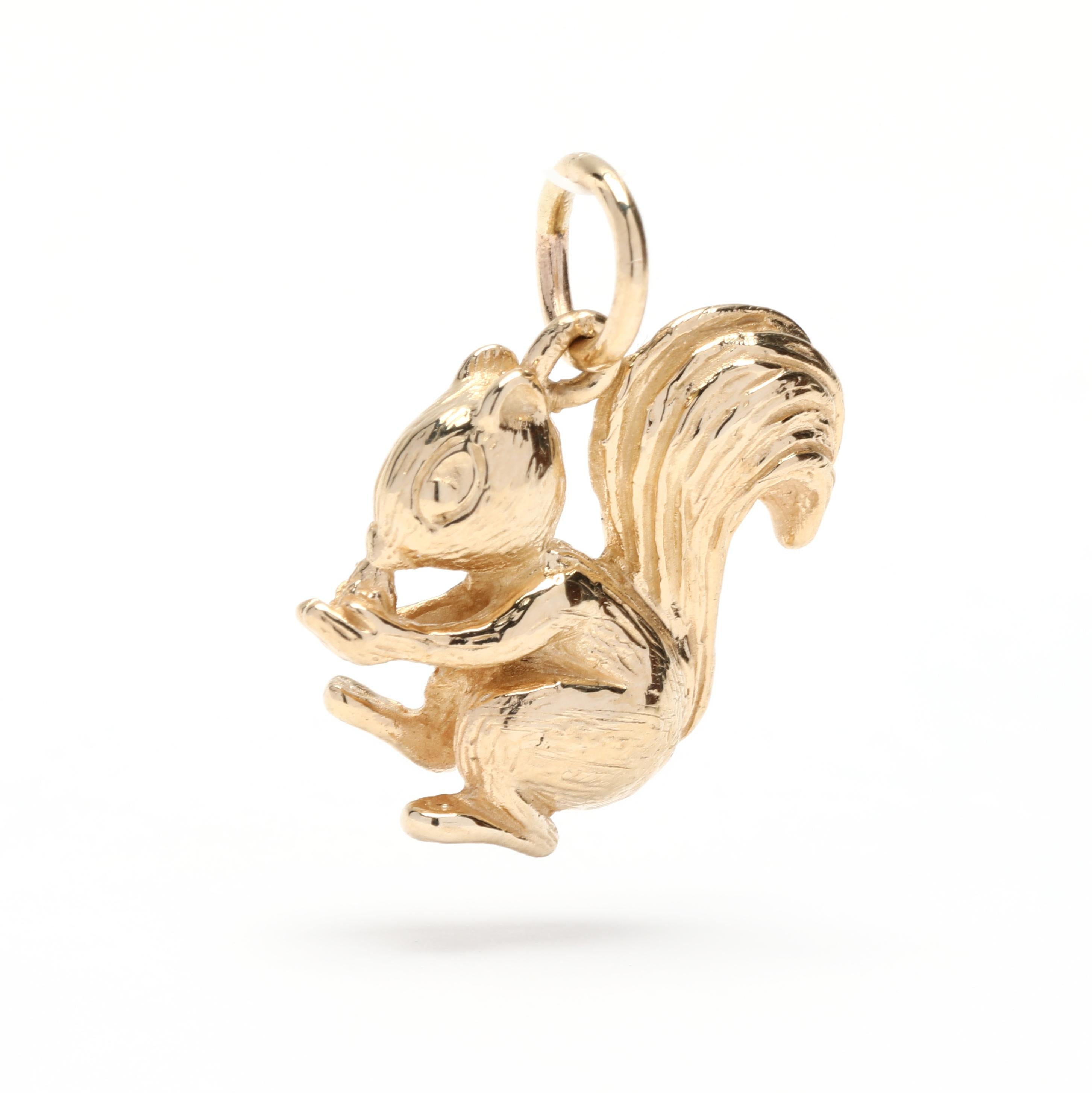 This exquisite 14K Yellow Gold Squirrel Charm is perfect for adding a touch of charm to your jewelry collection! The small gold squirrel charm measures 5/8 of an inch in length and is expertly engraved for an intricate and detailed look. This cute