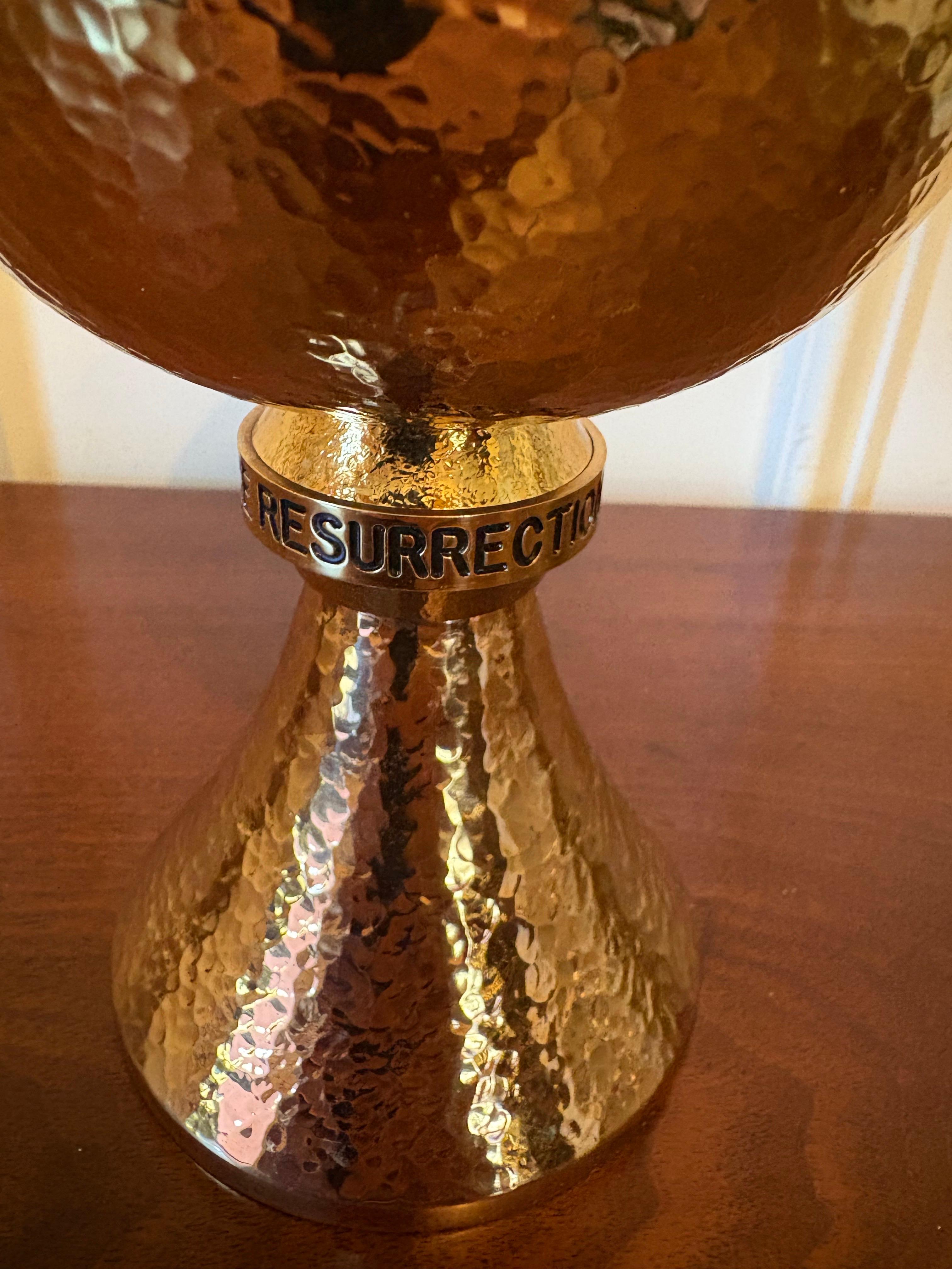 Engraved Hammered Brass Chalice or Wine Goblet, Mid 20th Century.  Engraved “I am the Resurrection and Life”.  7” h x 4.75” diameter