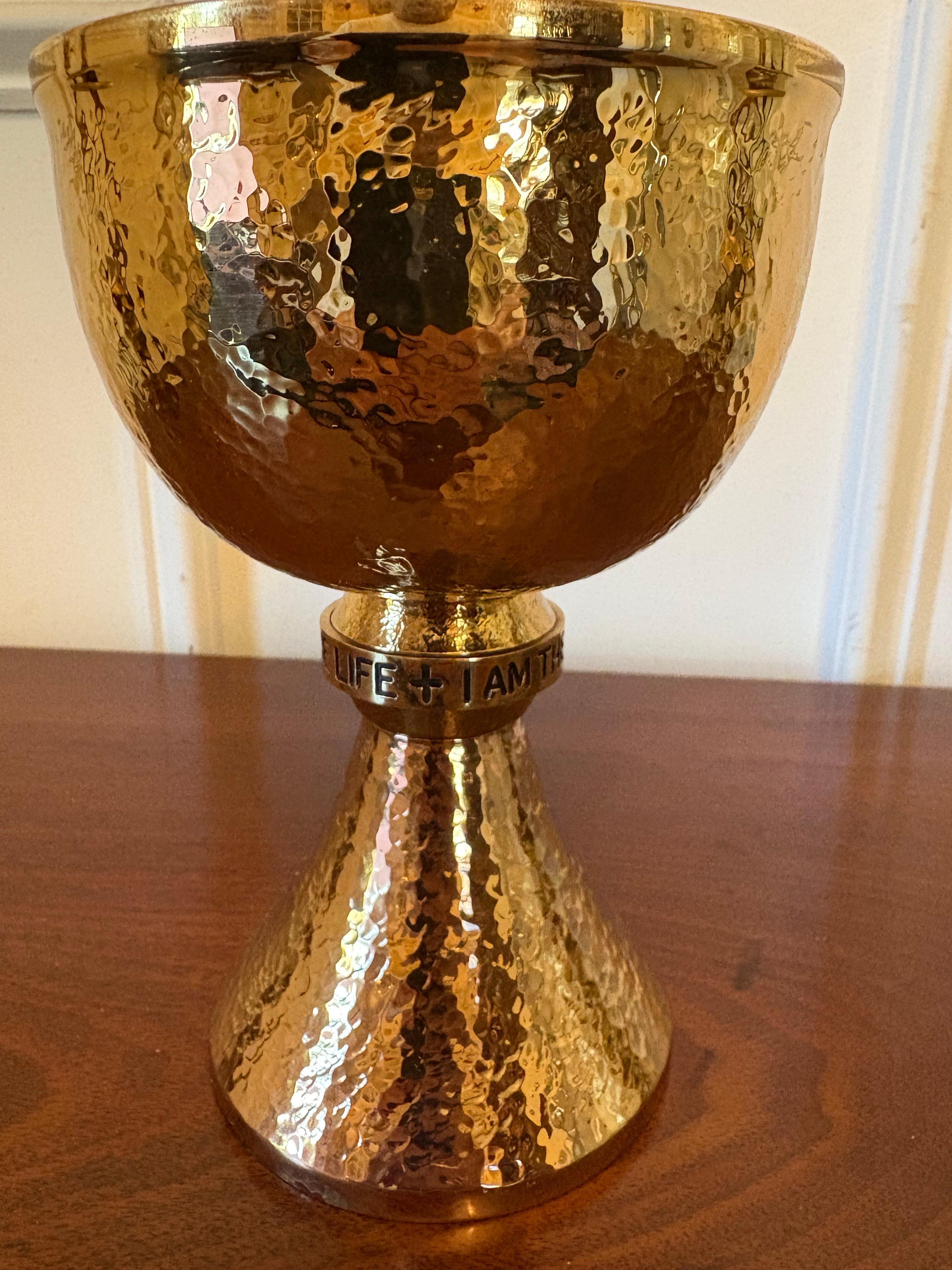 American Engraved Hammered Brass Chalice or Wine Goblet, Mid 20th Century For Sale