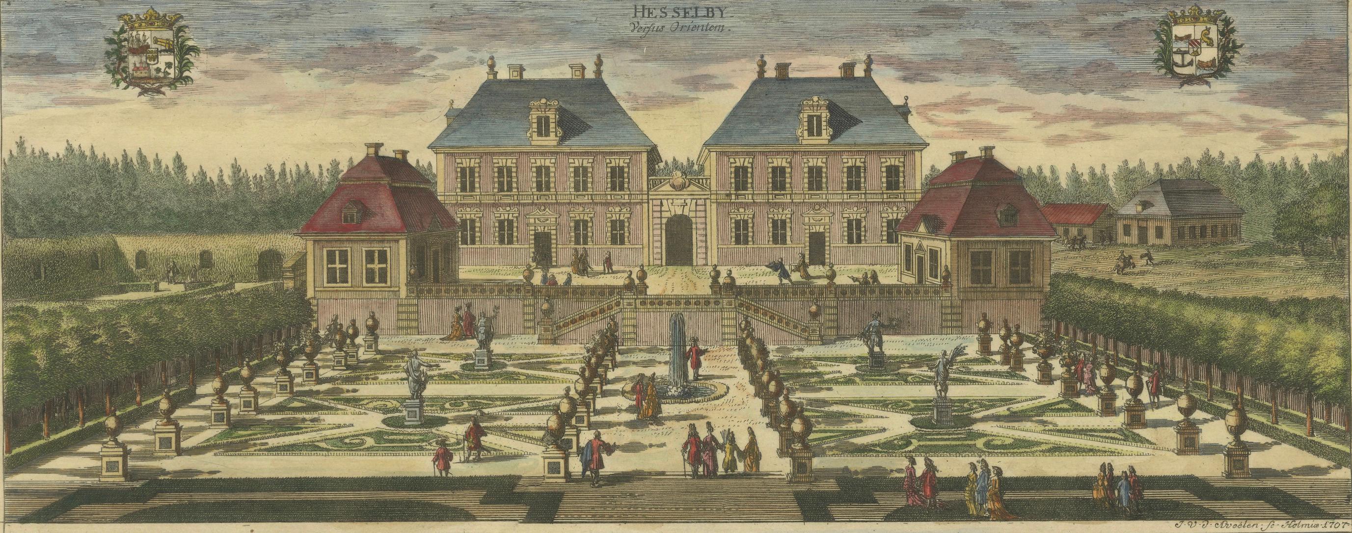 Gravur-Handkolorierte Ansichten des Schlosses Hesselby in Stockholm, Schweden, 1707 im Angebot 4
