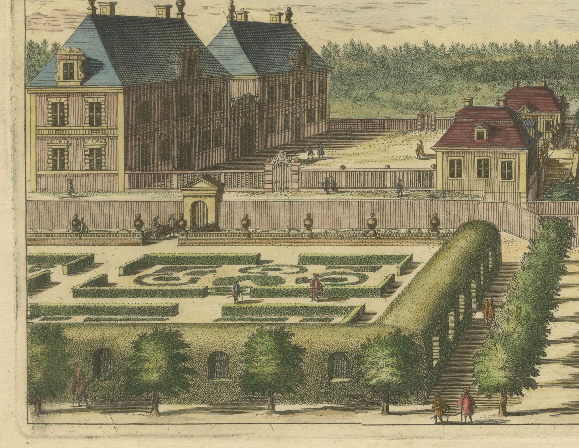 Gravur-Handkolorierte Ansichten des Schlosses Hesselby in Stockholm, Schweden, 1707 im Zustand „Gut“ im Angebot in Langweer, NL