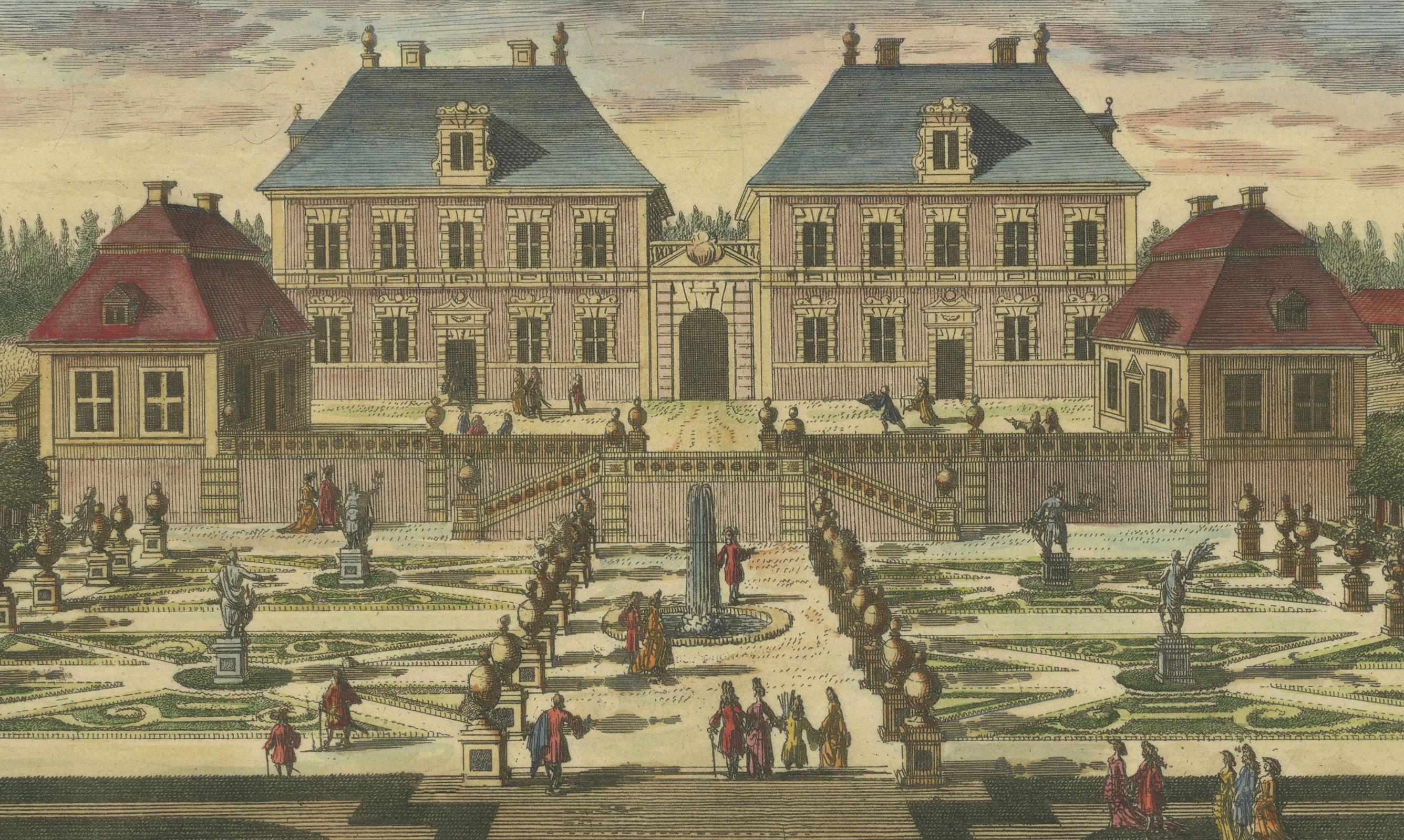 Gravur-Handkolorierte Ansichten des Schlosses Hesselby in Stockholm, Schweden, 1707 (Frühes 18. Jahrhundert) im Angebot