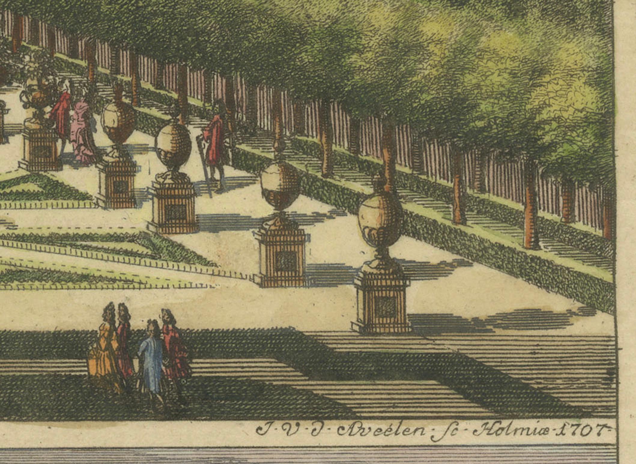 Gravur-Handkolorierte Ansichten des Schlosses Hesselby in Stockholm, Schweden, 1707 (Papier) im Angebot