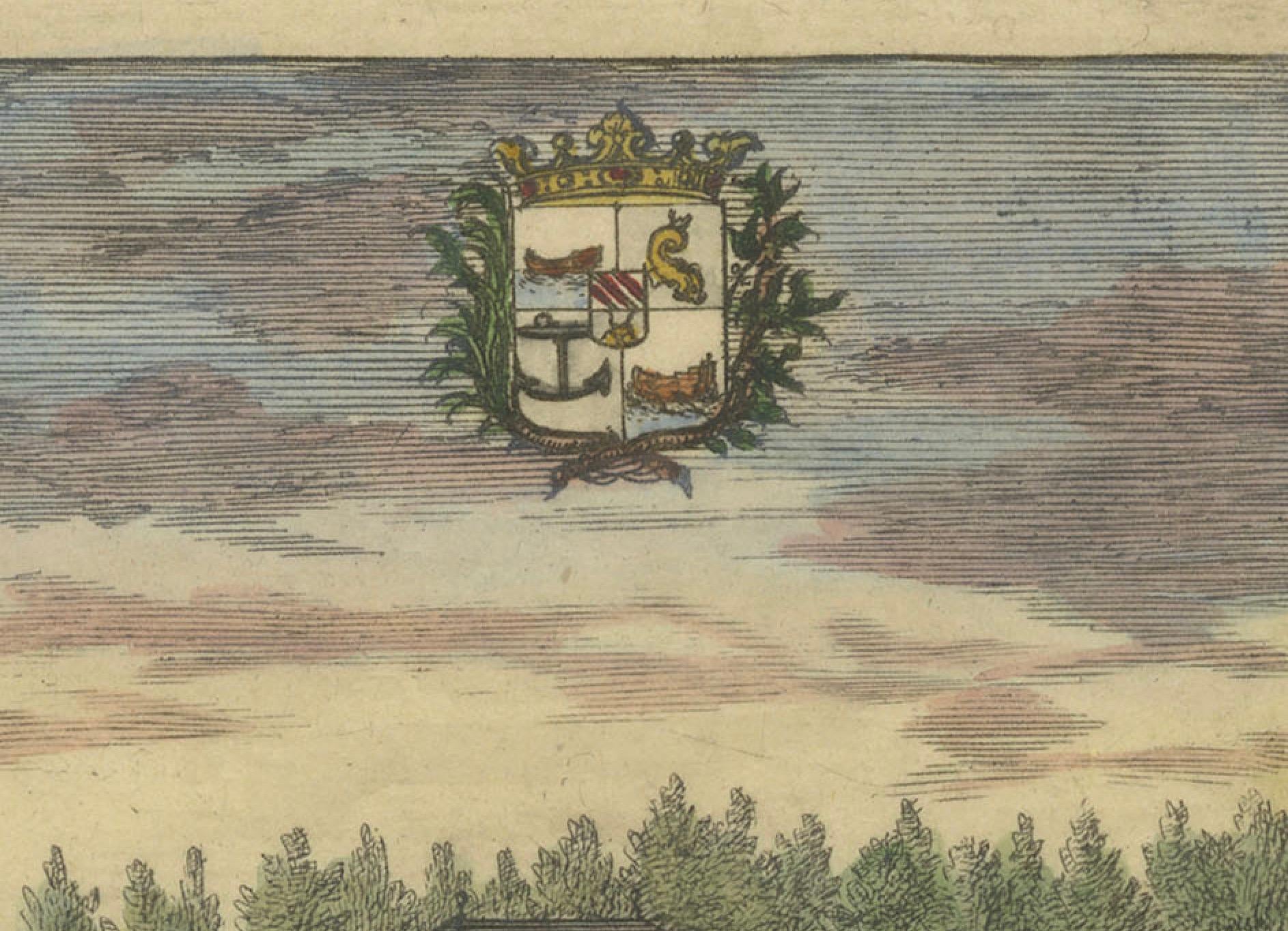 Gravur-Handkolorierte Ansichten des Schlosses Hesselby in Stockholm, Schweden, 1707 im Angebot 1