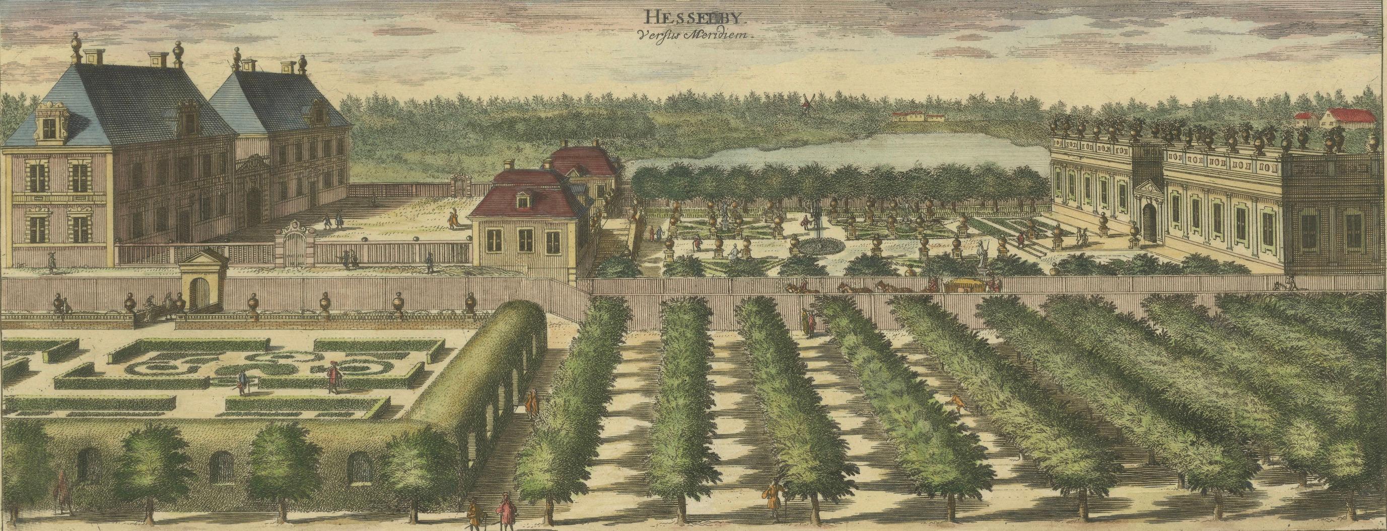 Gravur-Handkolorierte Ansichten des Schlosses Hesselby in Stockholm, Schweden, 1707 im Angebot 3
