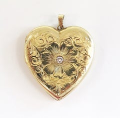 Engraved Heart Shaped Locket with Center Diamond or 14 Karat