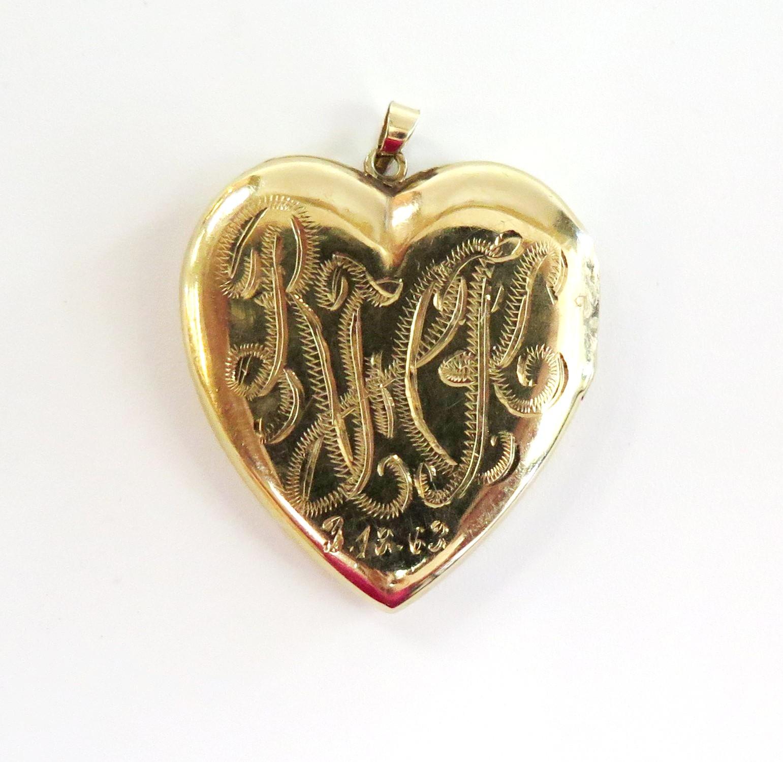 Retro Engraved Heart Shaped Locket with Center Diamond or 14 Karat