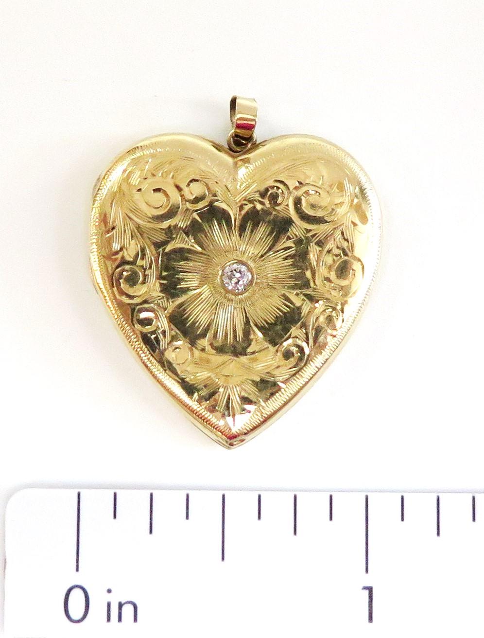 Round Cut Engraved Heart Shaped Locket with Center Diamond or 14 Karat