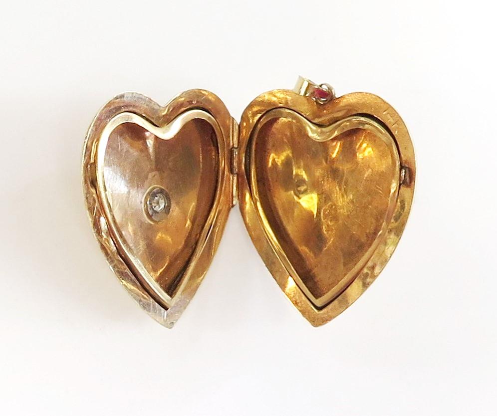 Engraved Heart Shaped Locket with Center Diamond or 14 Karat In Good Condition In Bellmore, NY