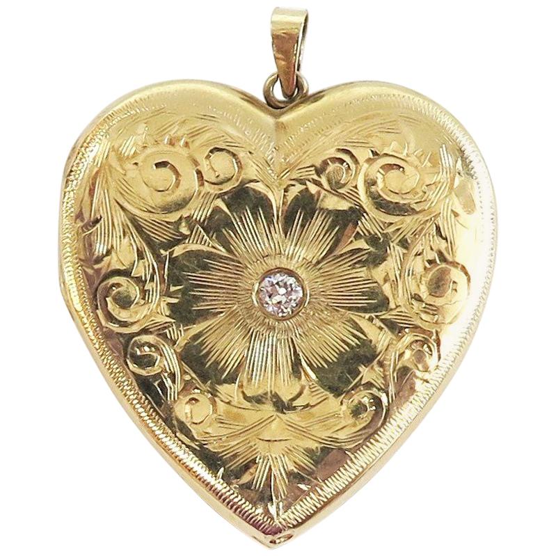 Engraved Heart Shaped Locket with Center Diamond or 14 Karat