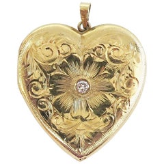 Vintage Engraved Heart Shaped Locket with Center Diamond or 14 Karat