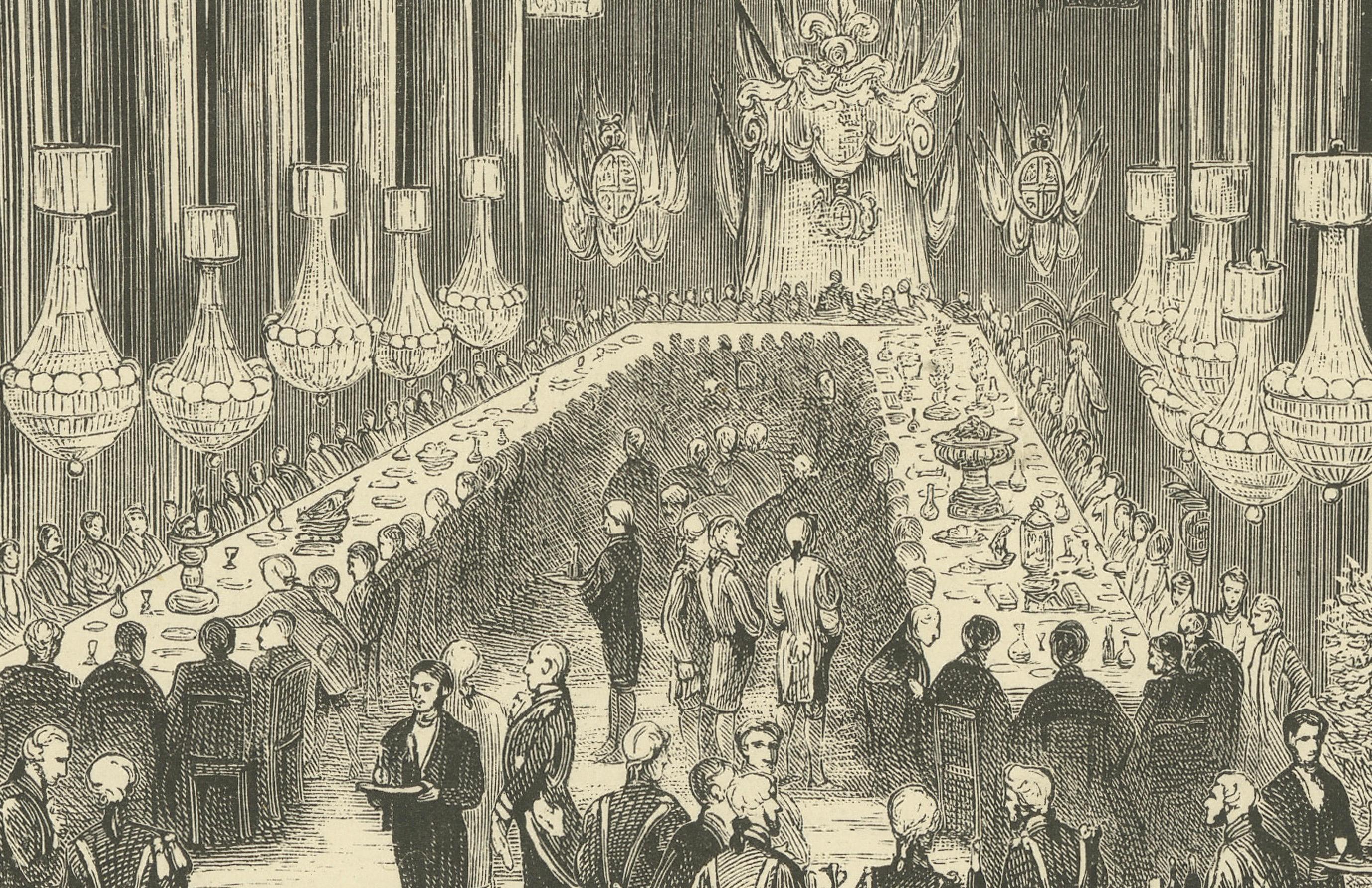 This print is labeled as the Egyptian Hall, Mansion House, engraved by J. C. Griffiths, whose name appears in the lower right corner. The scene portrays the opulent interior of the Egyptian Hall, a grand dining and banquet room located within