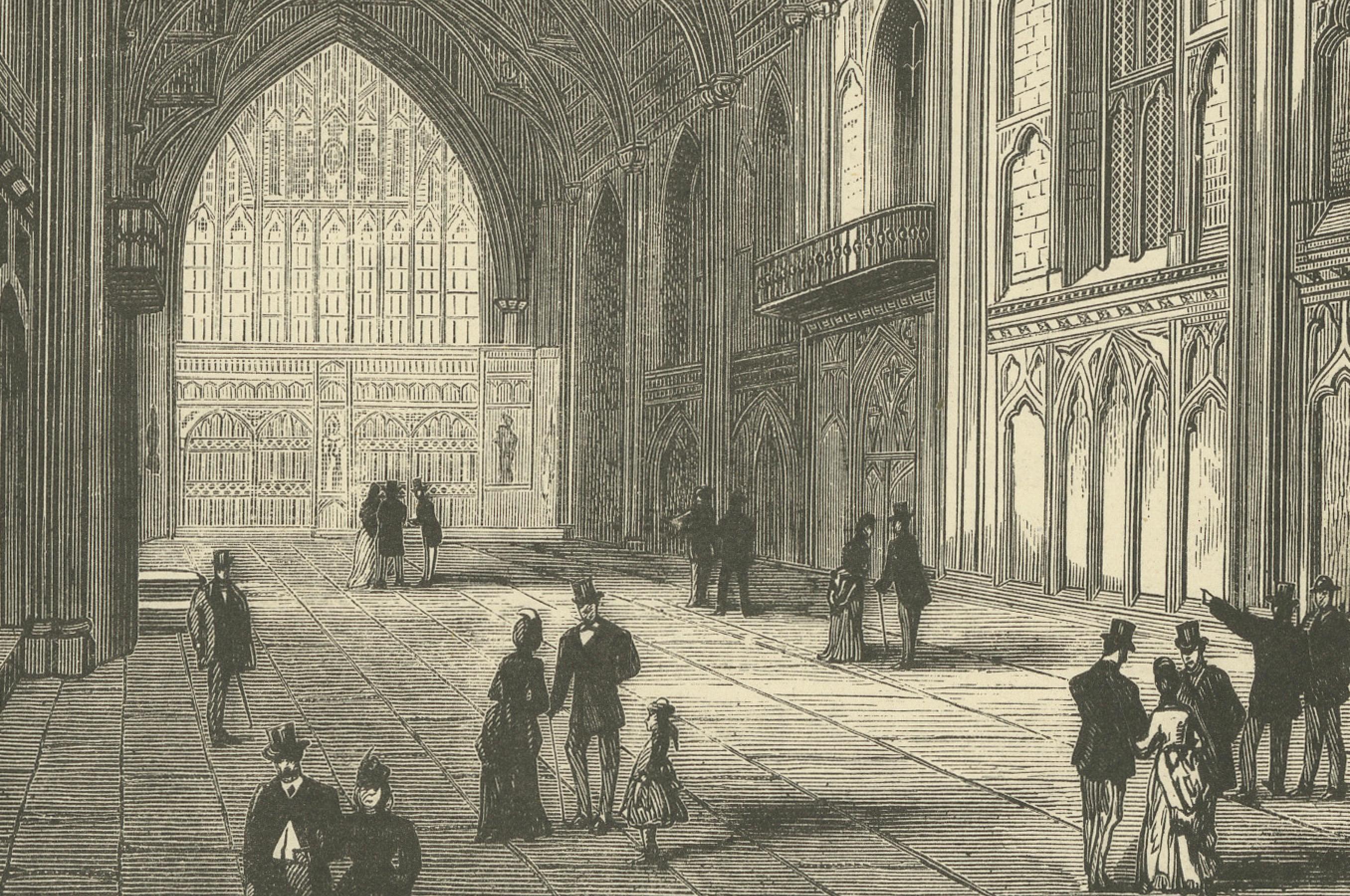 El grabado representa la Vista interior del Guildhall, como se indica bajo la imagen. Es un grabado de J. C. Griffiths, cuya firma aparece en el ángulo inferior derecho. 

La escena retrata la grandeza del Guildhall, un edificio histórico de la City