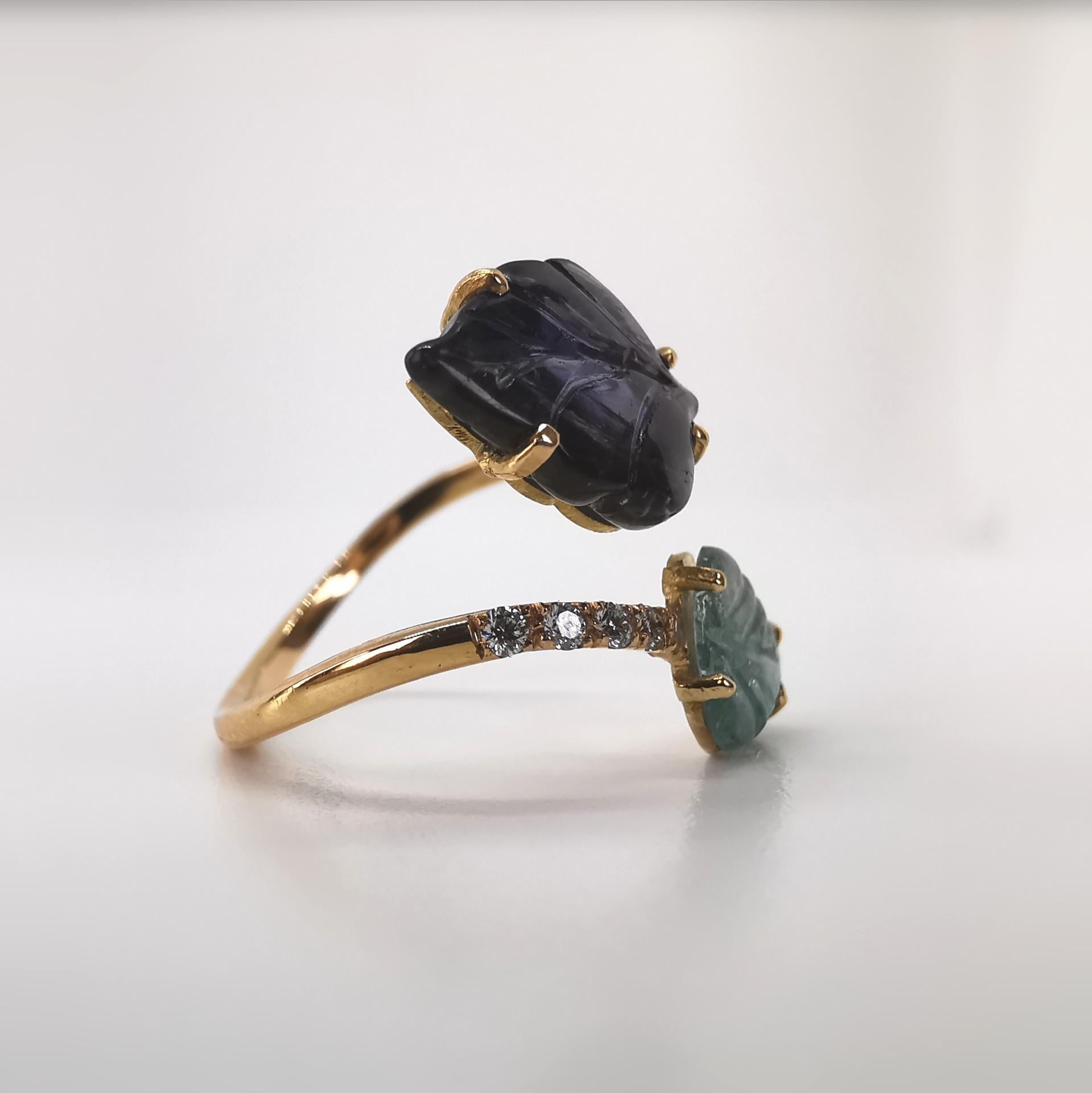 Contemporary Engraved Iolite and Blue Tourmaline You and Me Leaves Ring by Marion Jeantet