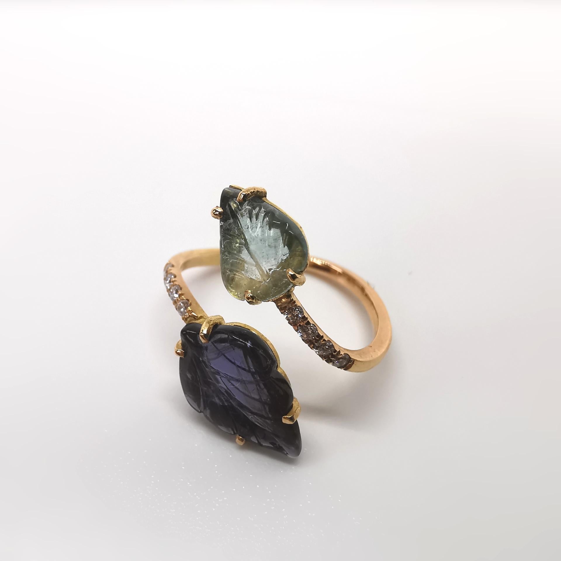 Round Cut Engraved Iolite and Blue Tourmaline You and Me Leaves Ring by Marion Jeantet