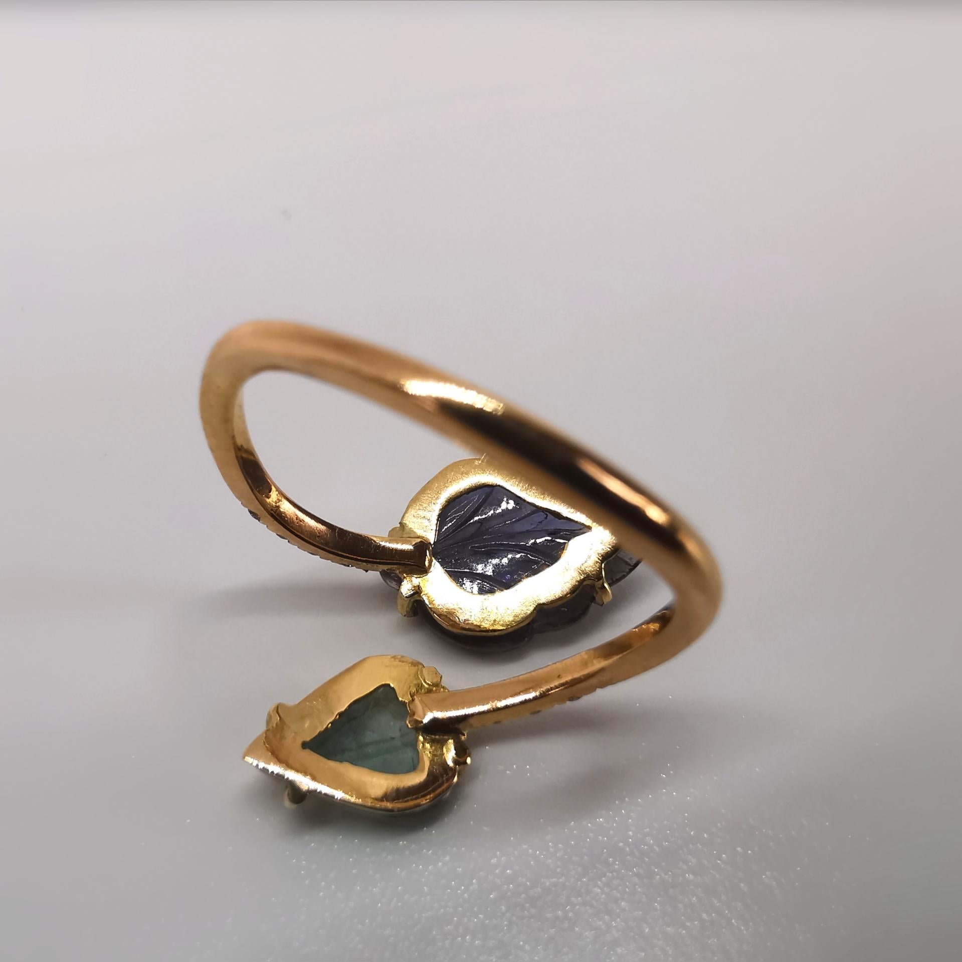 Women's Engraved Iolite and Blue Tourmaline You and Me Leaves Ring by Marion Jeantet