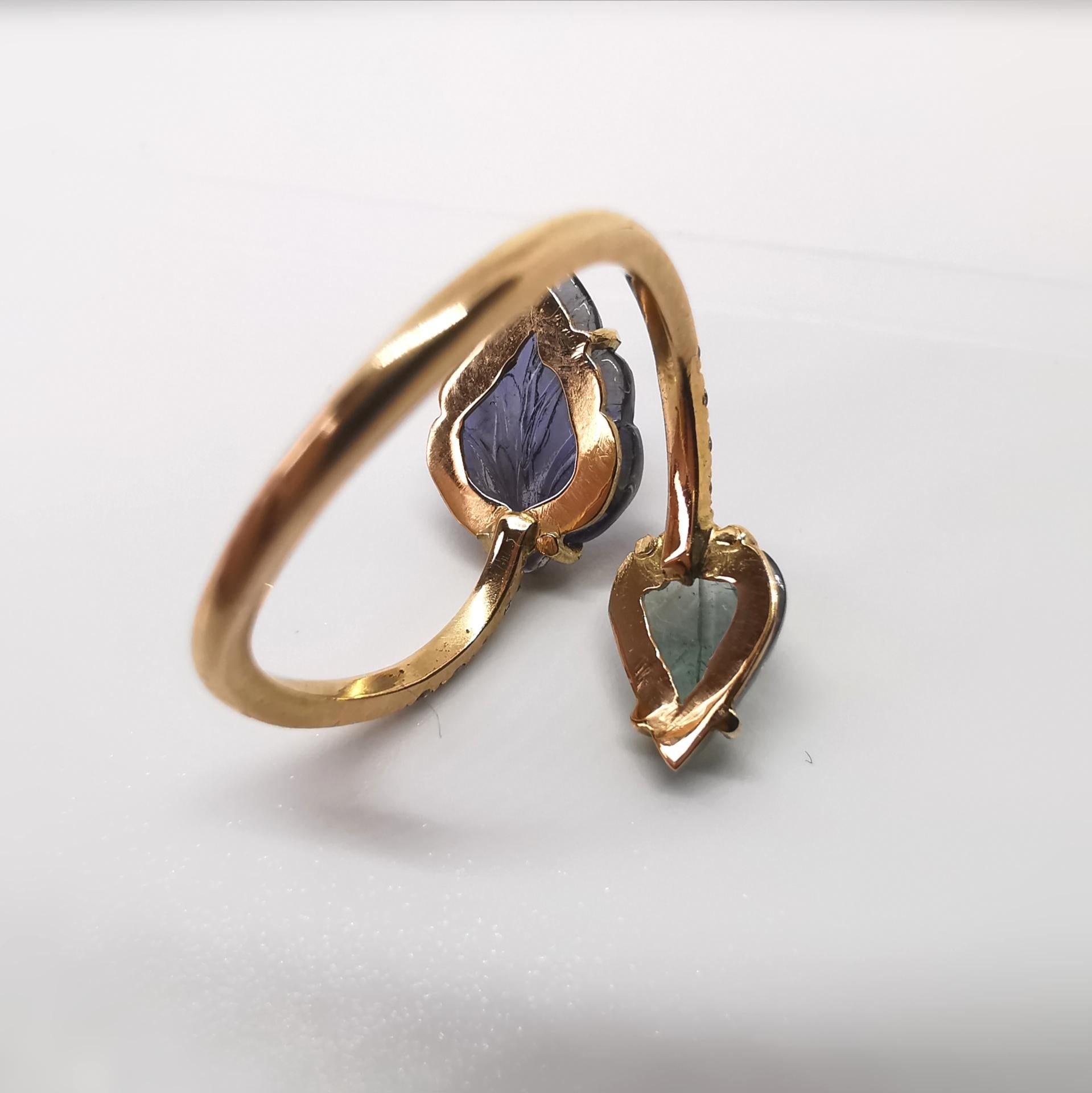 Engraved Iolite and Blue Tourmaline You and Me Leaves Ring by Marion Jeantet 1