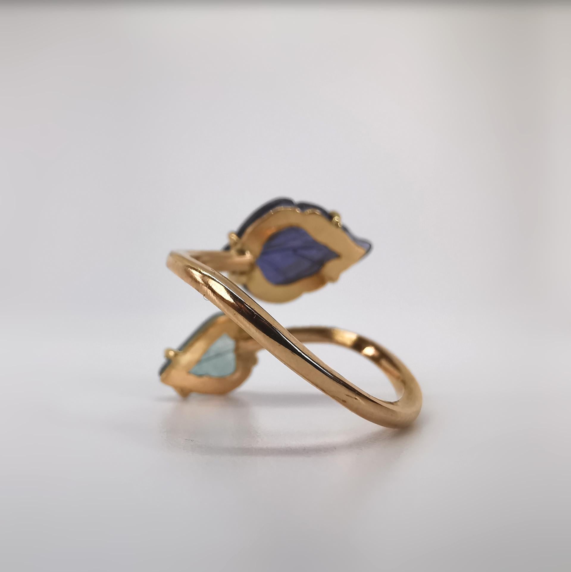 Engraved Iolite and Blue Tourmaline You and Me Leaves Ring by Marion Jeantet 2