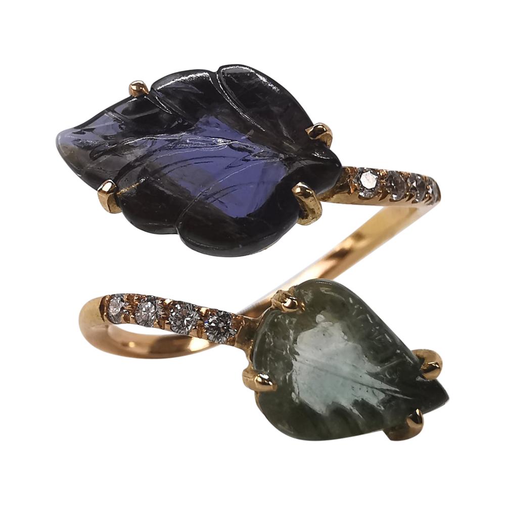 Engraved Iolite and Blue Tourmaline You and Me Leaves Ring by Marion Jeantet