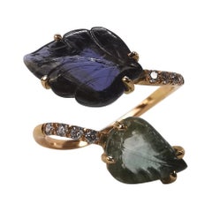 Engraved Iolite and Blue Tourmaline You and Me Leaves Ring by Marion Jeantet