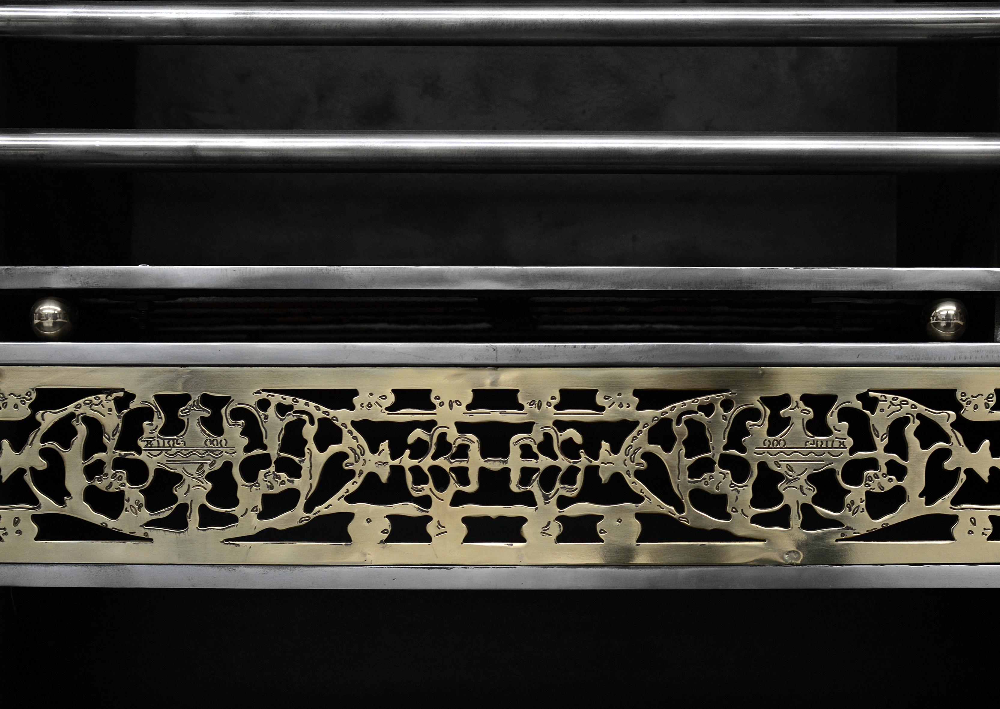 A quality copy of an 18th century Irish brass register grate. The frame with fine quality engraving throughout, the fretwork delicately pierced with urns and foliage. Brass finials and corner paterae, steel front bars. 

N.B. May be subject to an