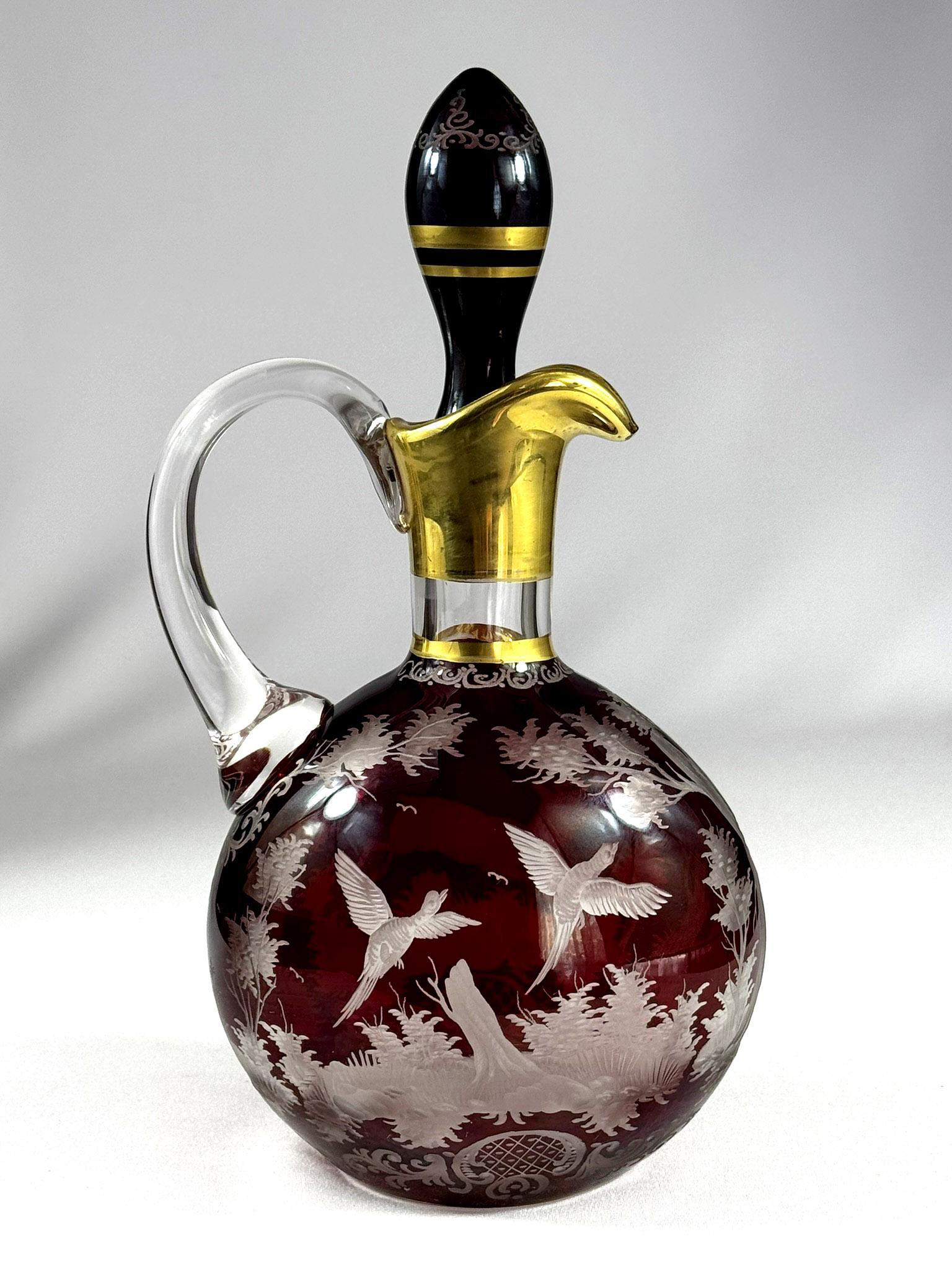 Pichet gravé - motif de chasse - Egermann Red Lazure Bon état - En vente à Nový Bor, CZ
