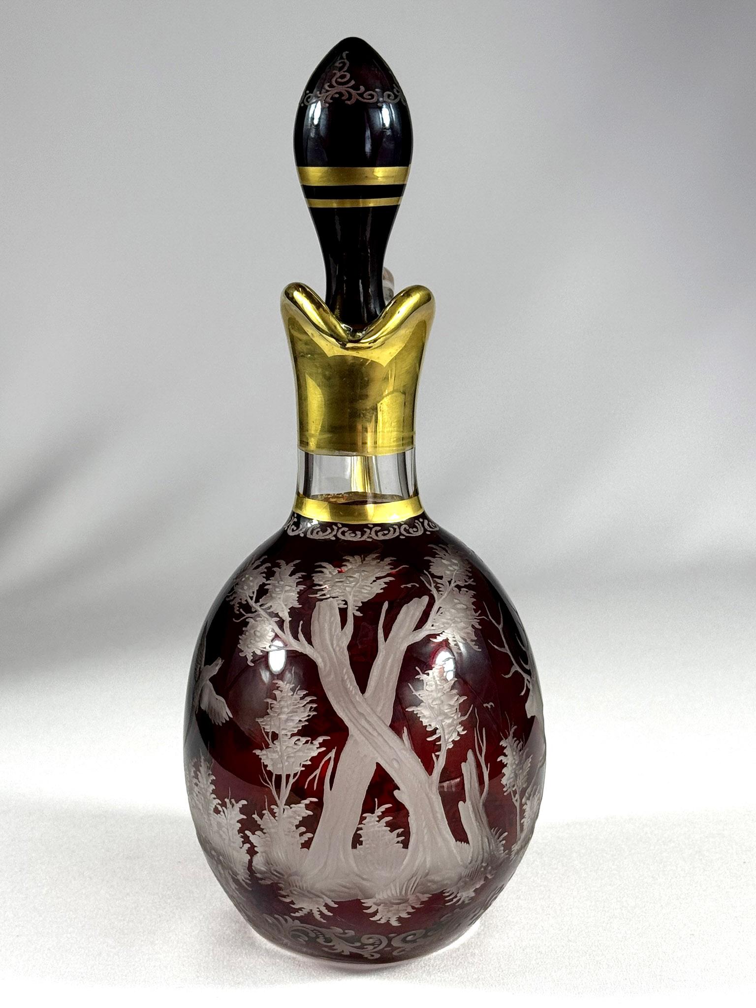 Verre Pichet gravé - motif de chasse - Egermann Red Lazure en vente