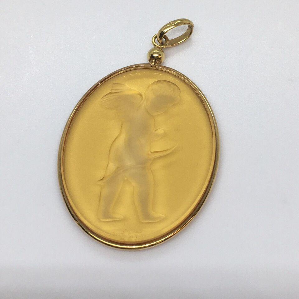 Modern Engraved Lalique Yellow Base Metal Hallmarked Frame Hanging 2 Inch Pendant Charm For Sale