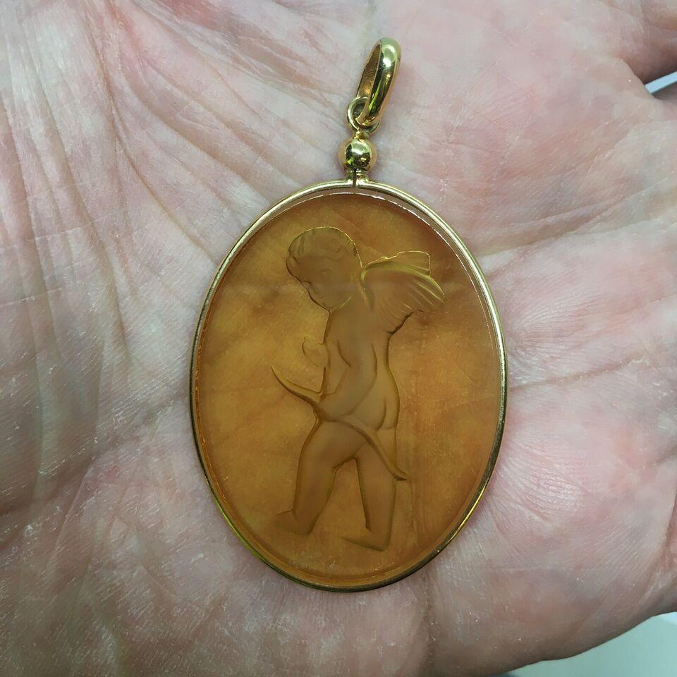 Engraved Lalique Yellow Base Metal Hallmarked Frame Hanging 2 Inch Pendant Charm For Sale 4