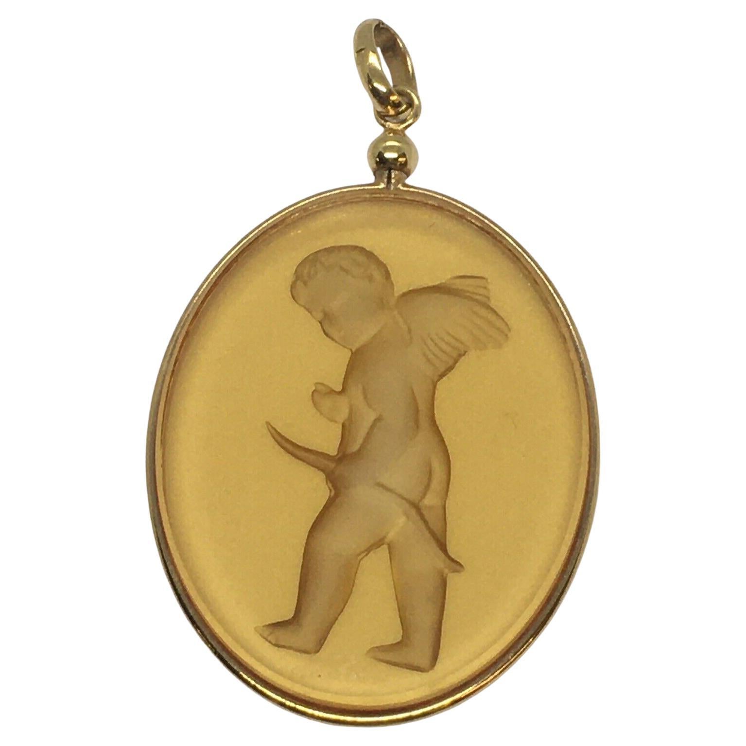 Engraved Lalique Yellow Base Metal Hallmarked Frame Hanging 2 Inch Pendant Charm For Sale