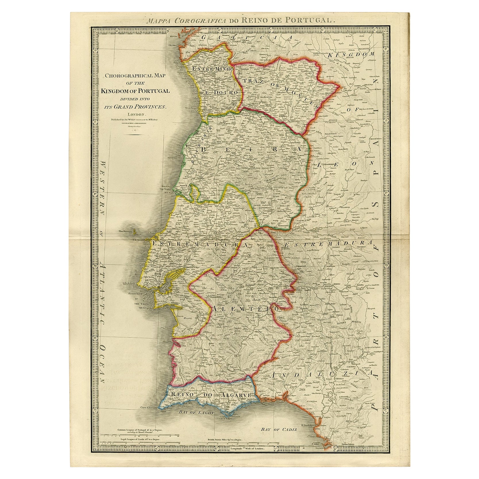 Gran Mapa Grabado del Reino de Portugal Original Coloreado a Mano, 1854