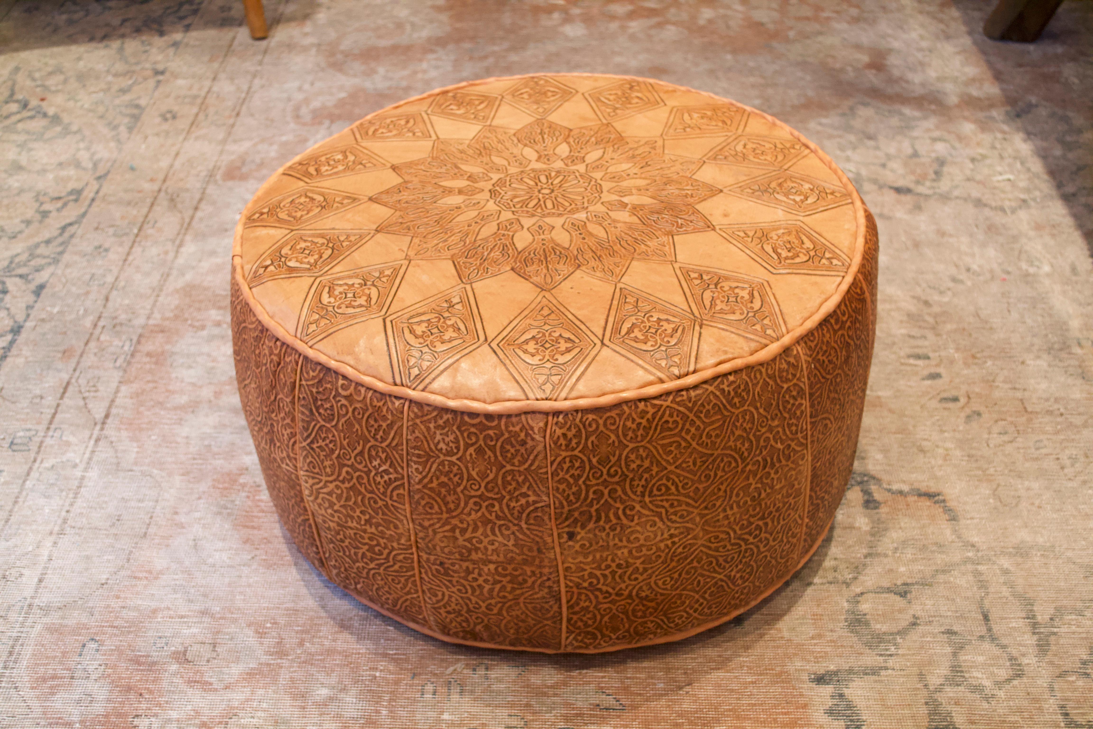 Engraved Leather Moroccan Pouf In Good Condition In Los Angeles, CA